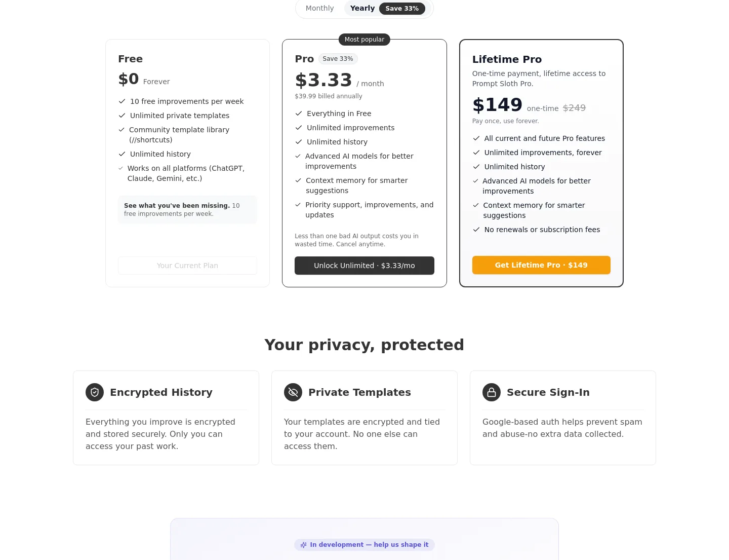 promptsloth.com — Pricing