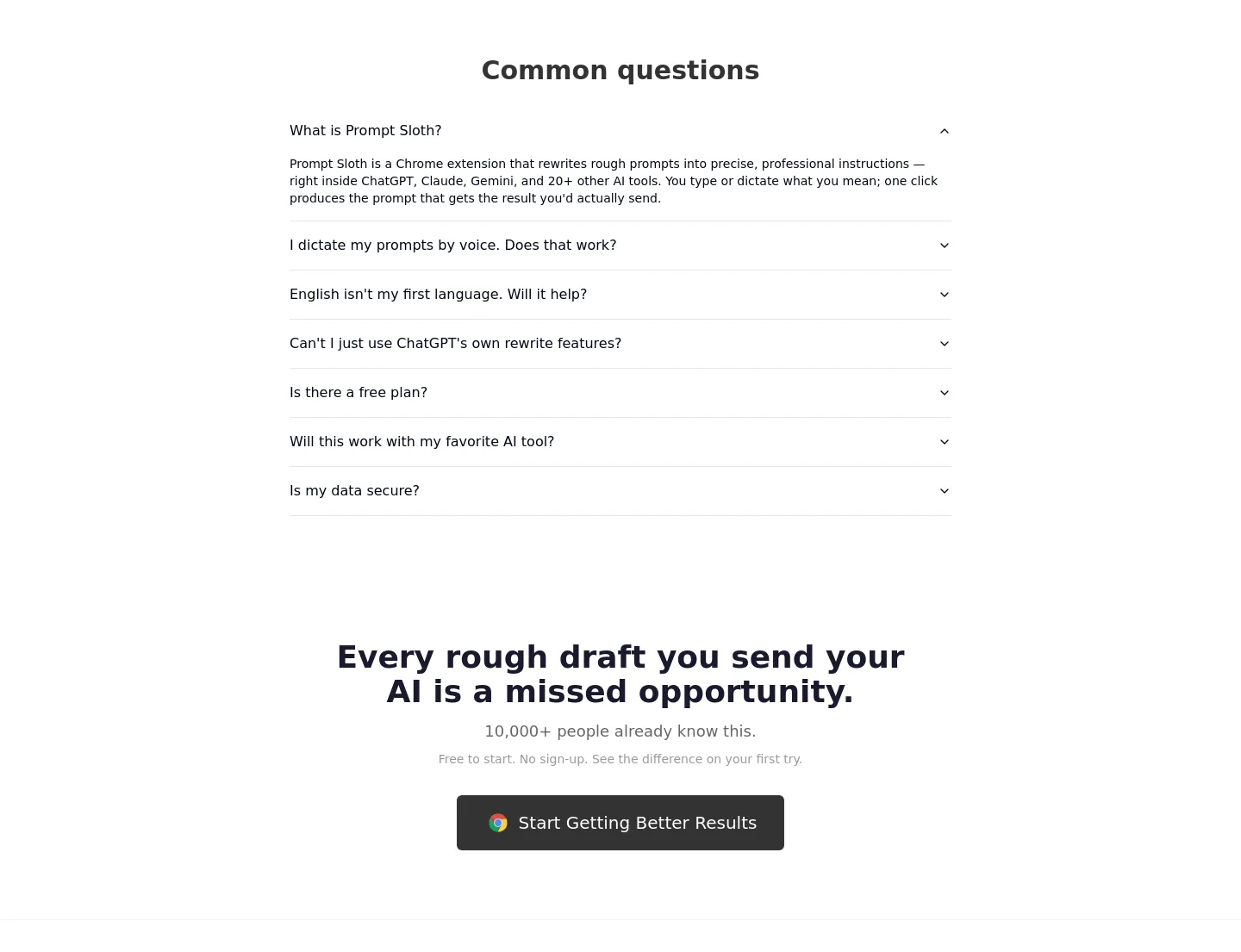 promptsloth.com — a real FAQ section