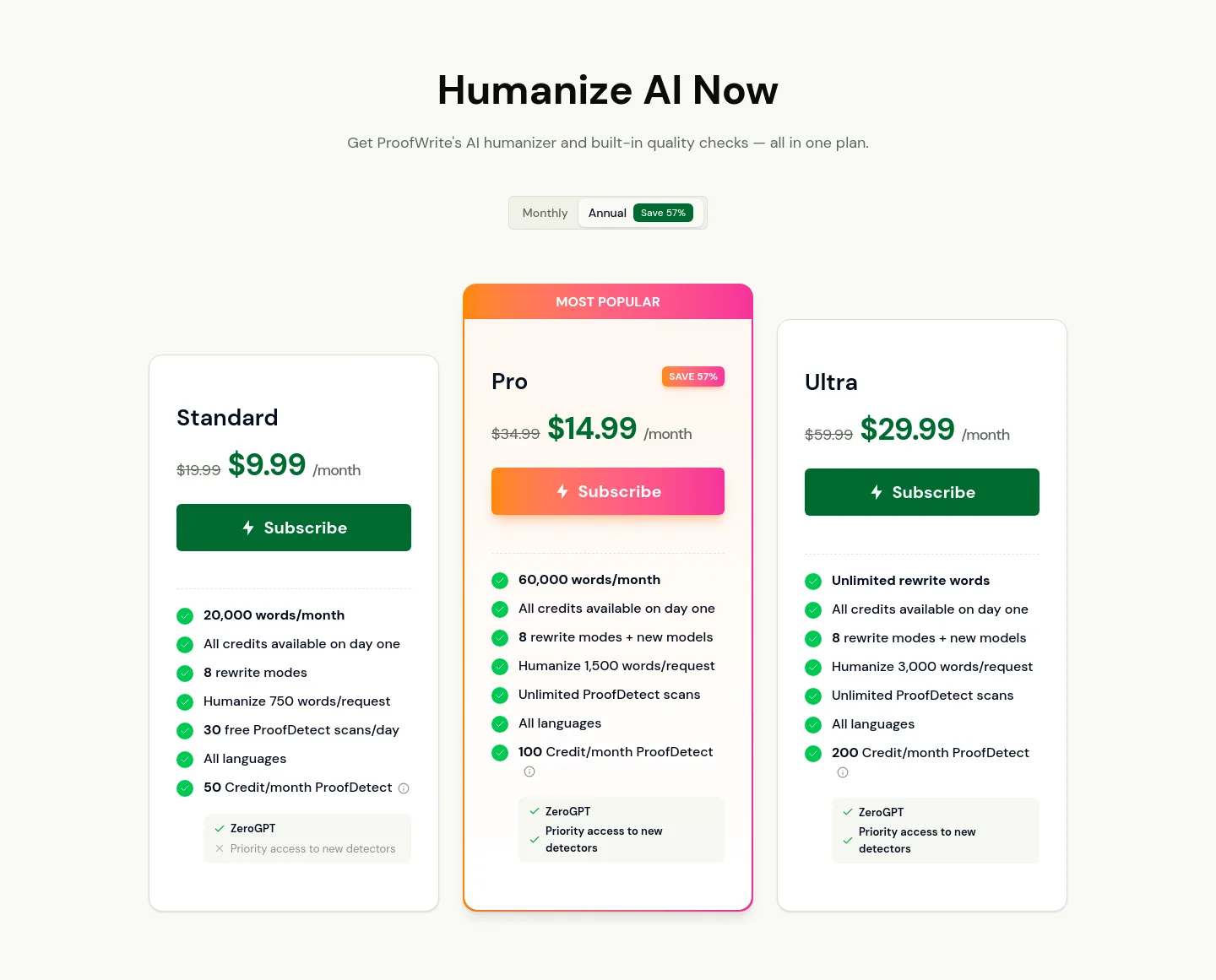 proofwrite.ai — a real Pricing section