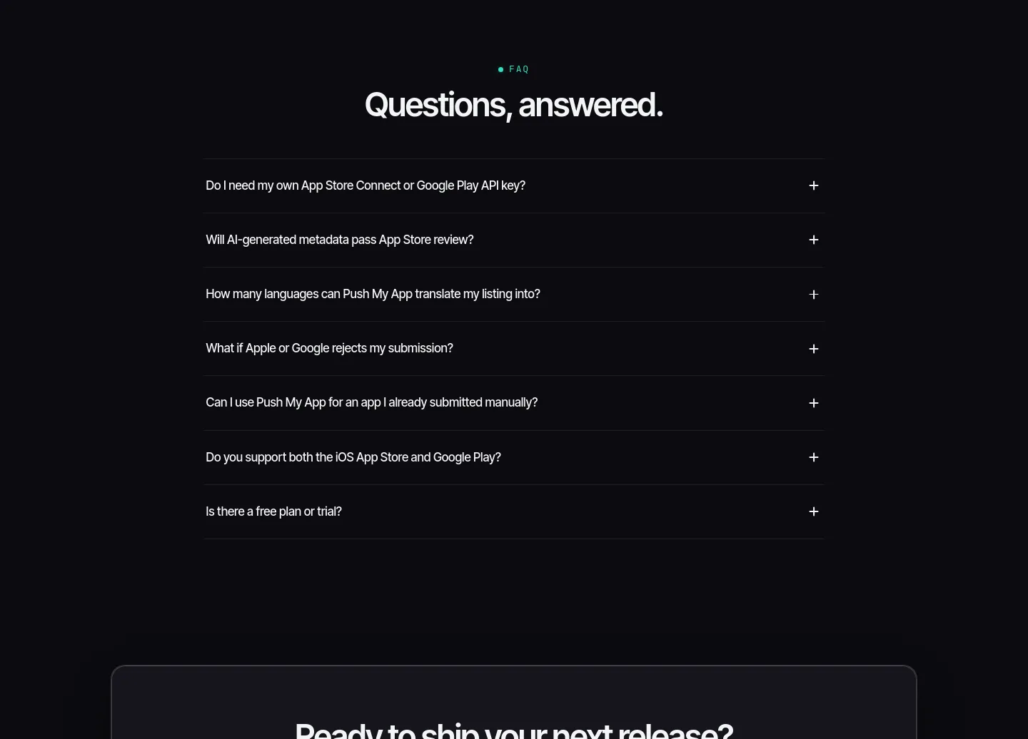 pushmyapp.ai FAQ section
