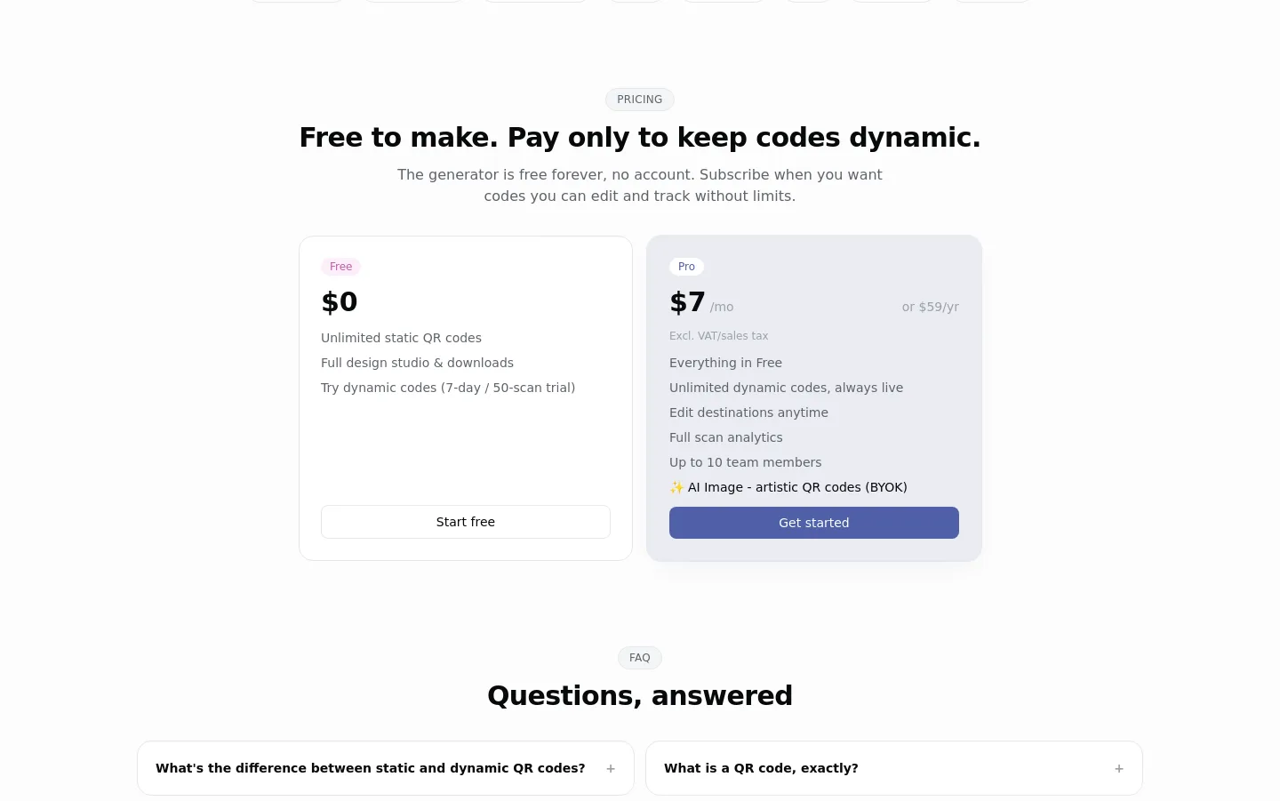 qrhubly.com Pricing section