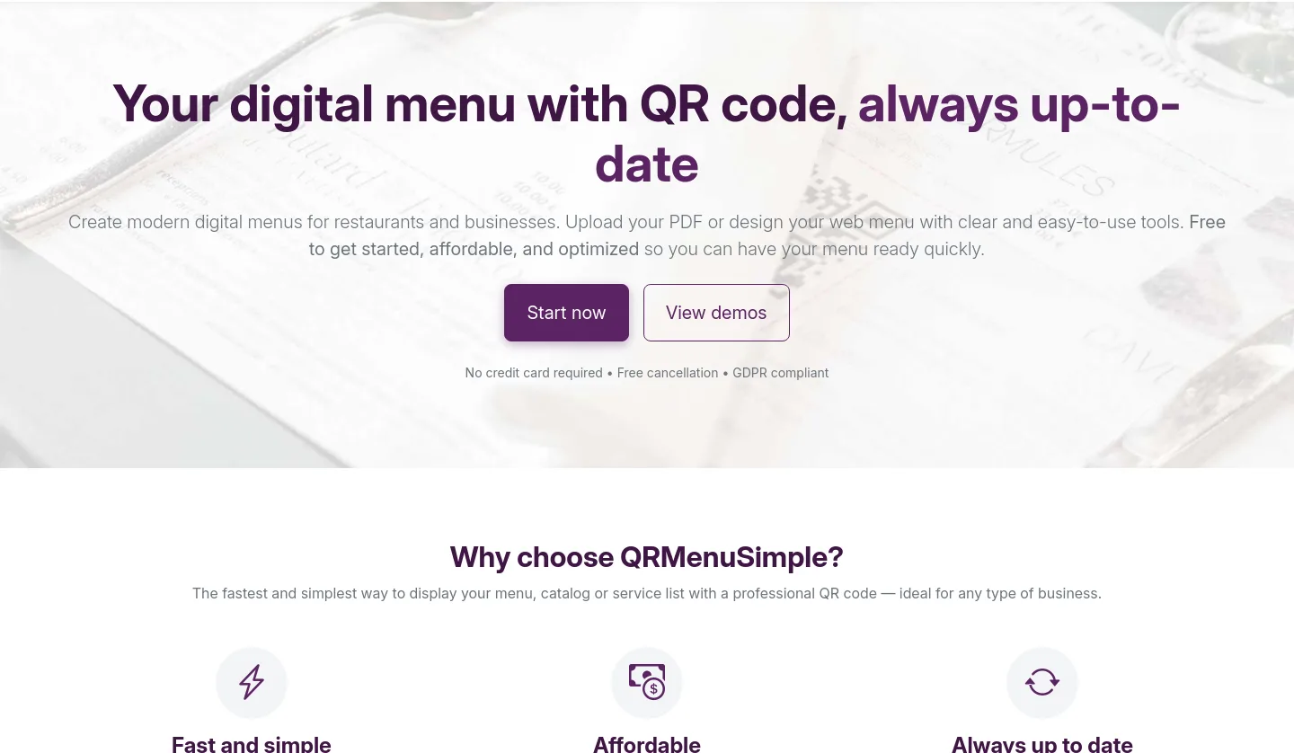 qrmenusimple.com — Hero