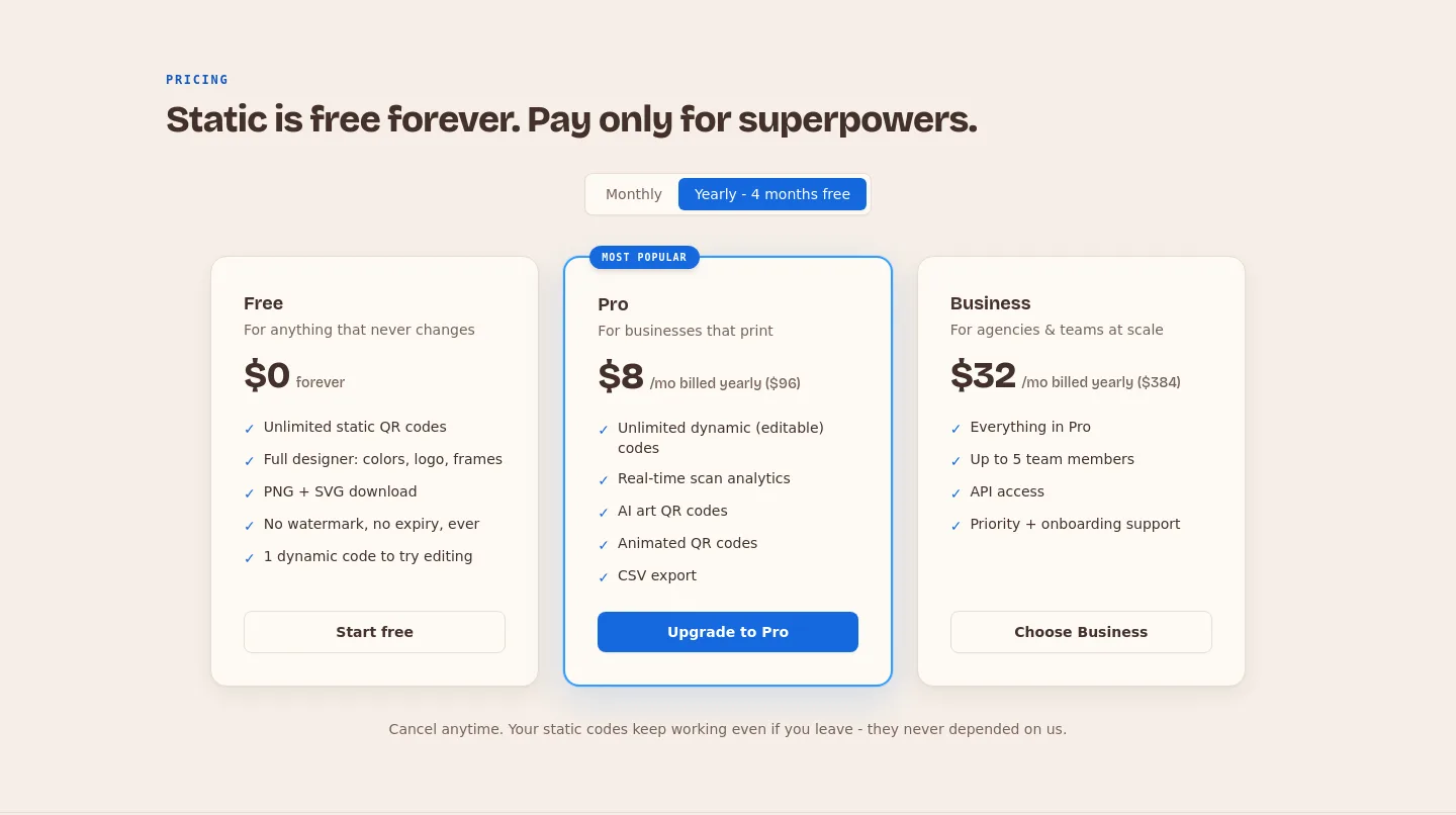 qrmkr.io Pricing section