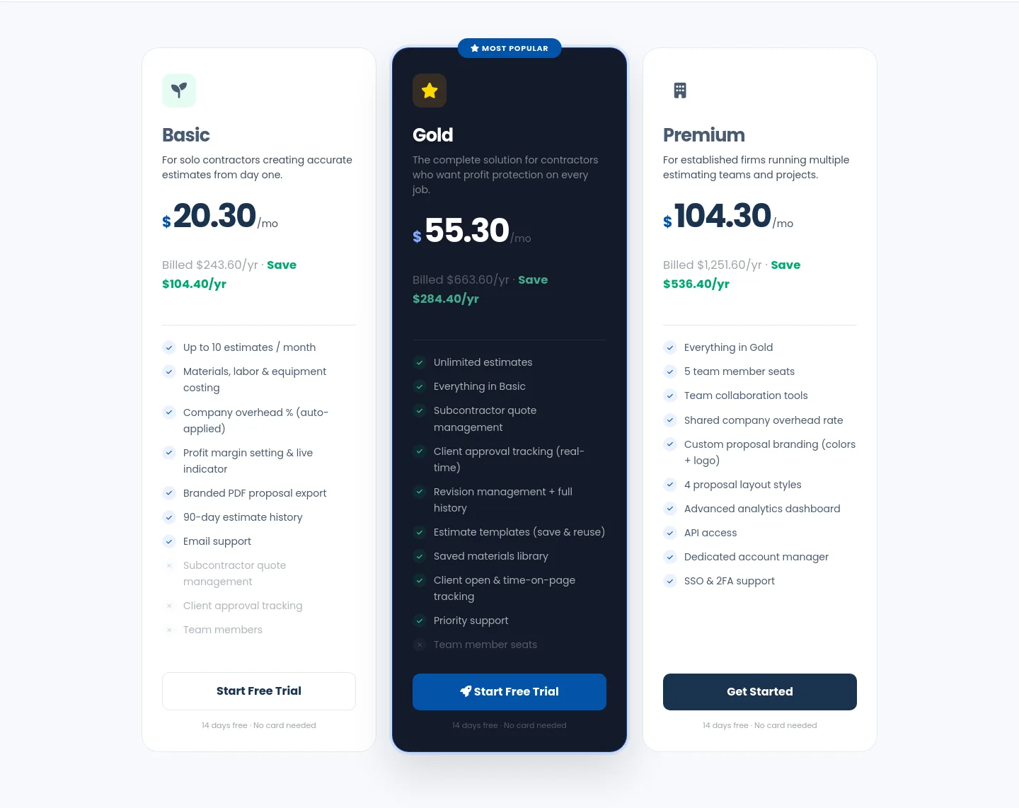 quickestimate.io — a real Pricing section