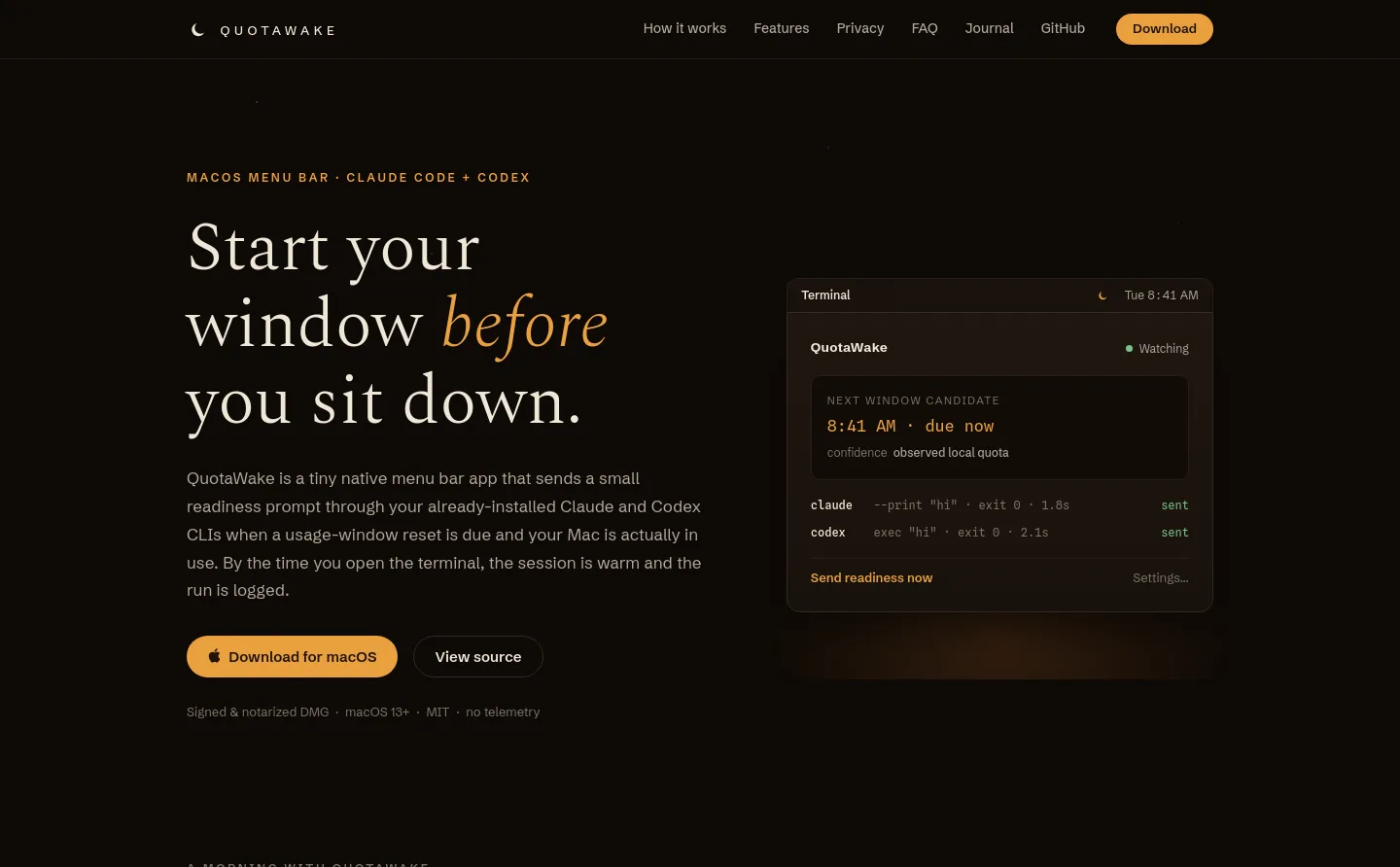 quotawake.com — a measured funnel