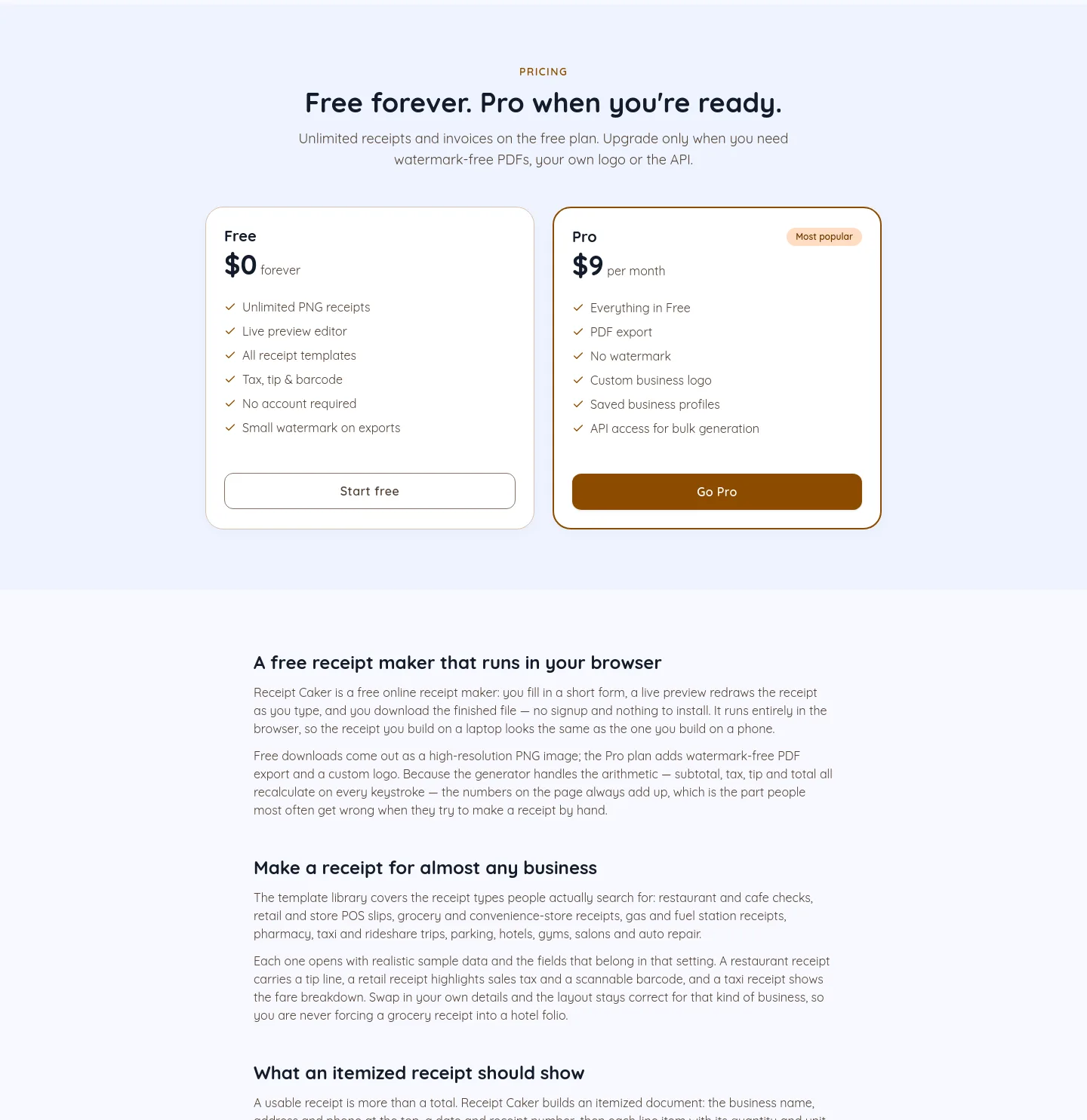 receiptcaker.com — Pricing