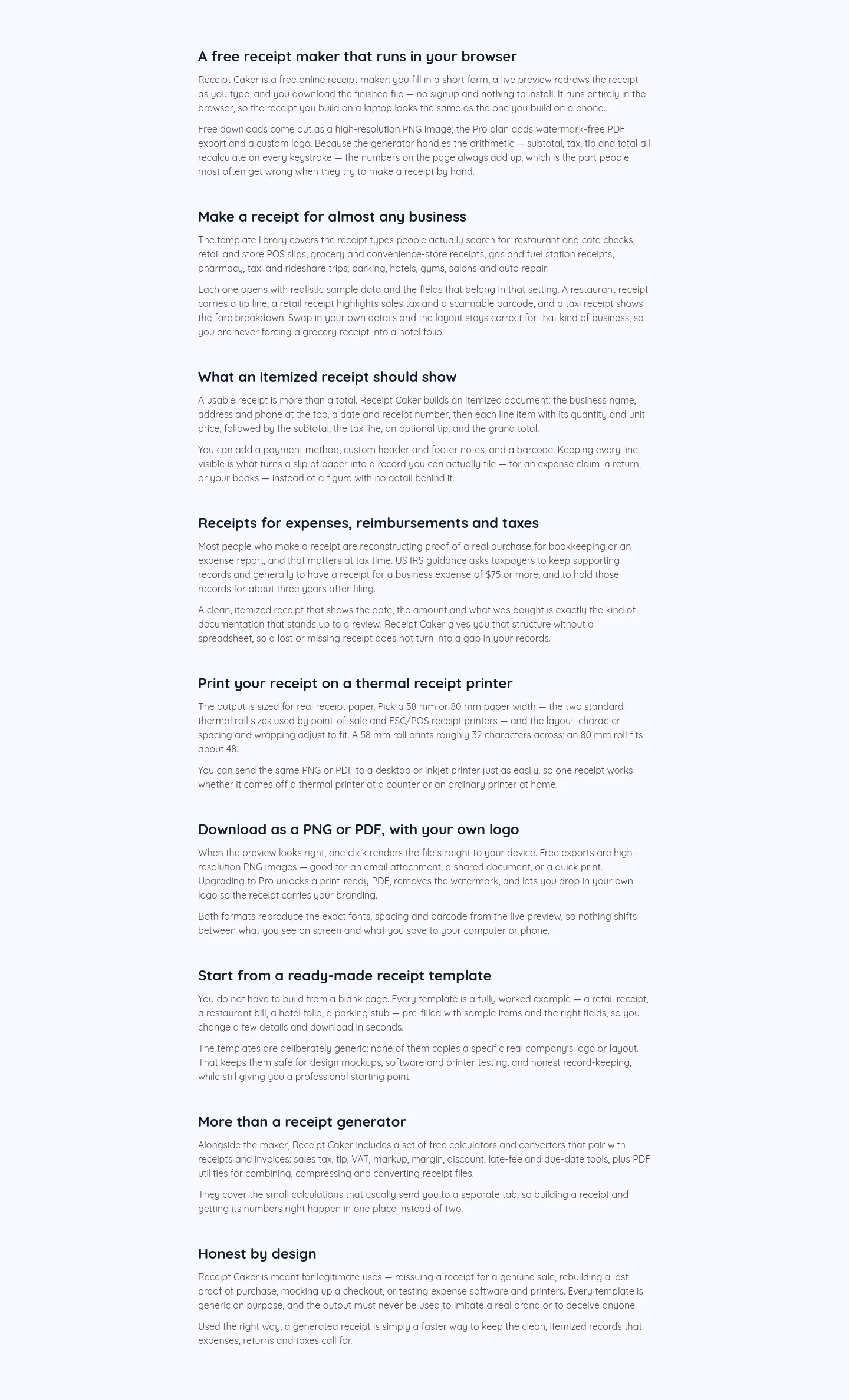 receiptcaker.com Features section