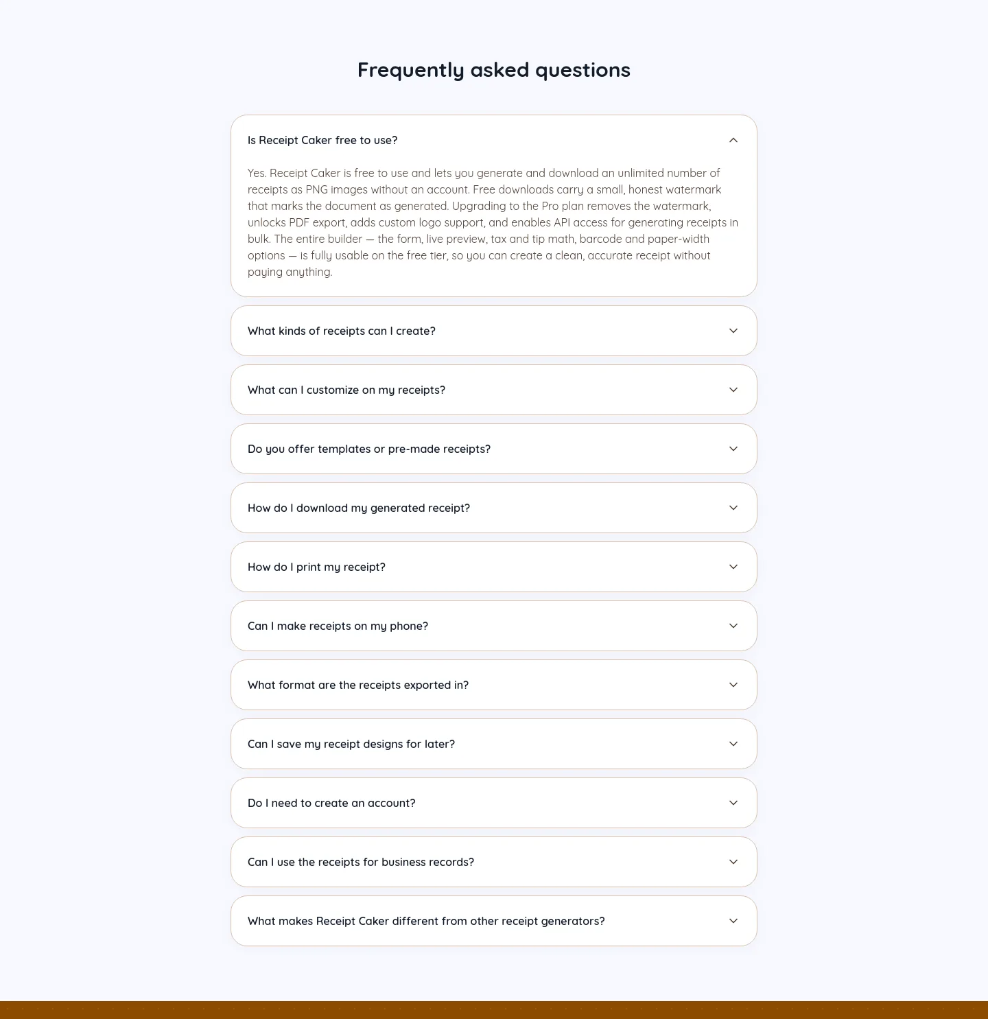 receiptcaker.com FAQ section