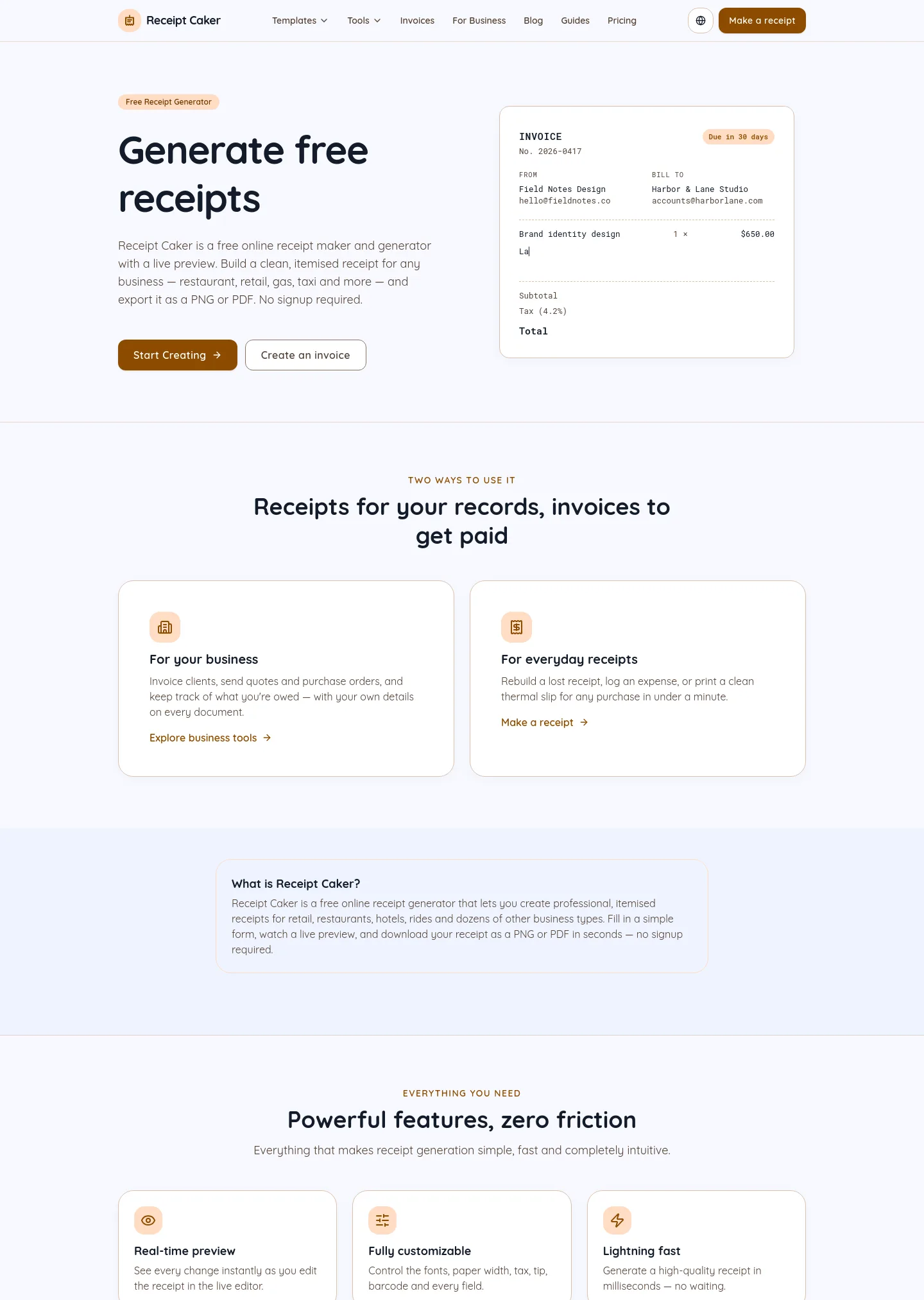 receiptcaker.com — a measured funnel