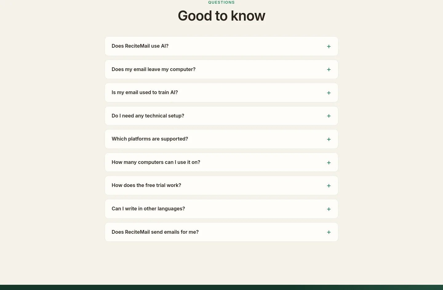 recitemail.io — a real FAQ section