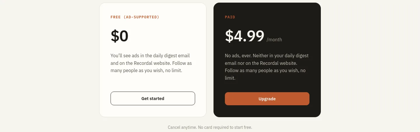 recordal.app — a real Pricing section