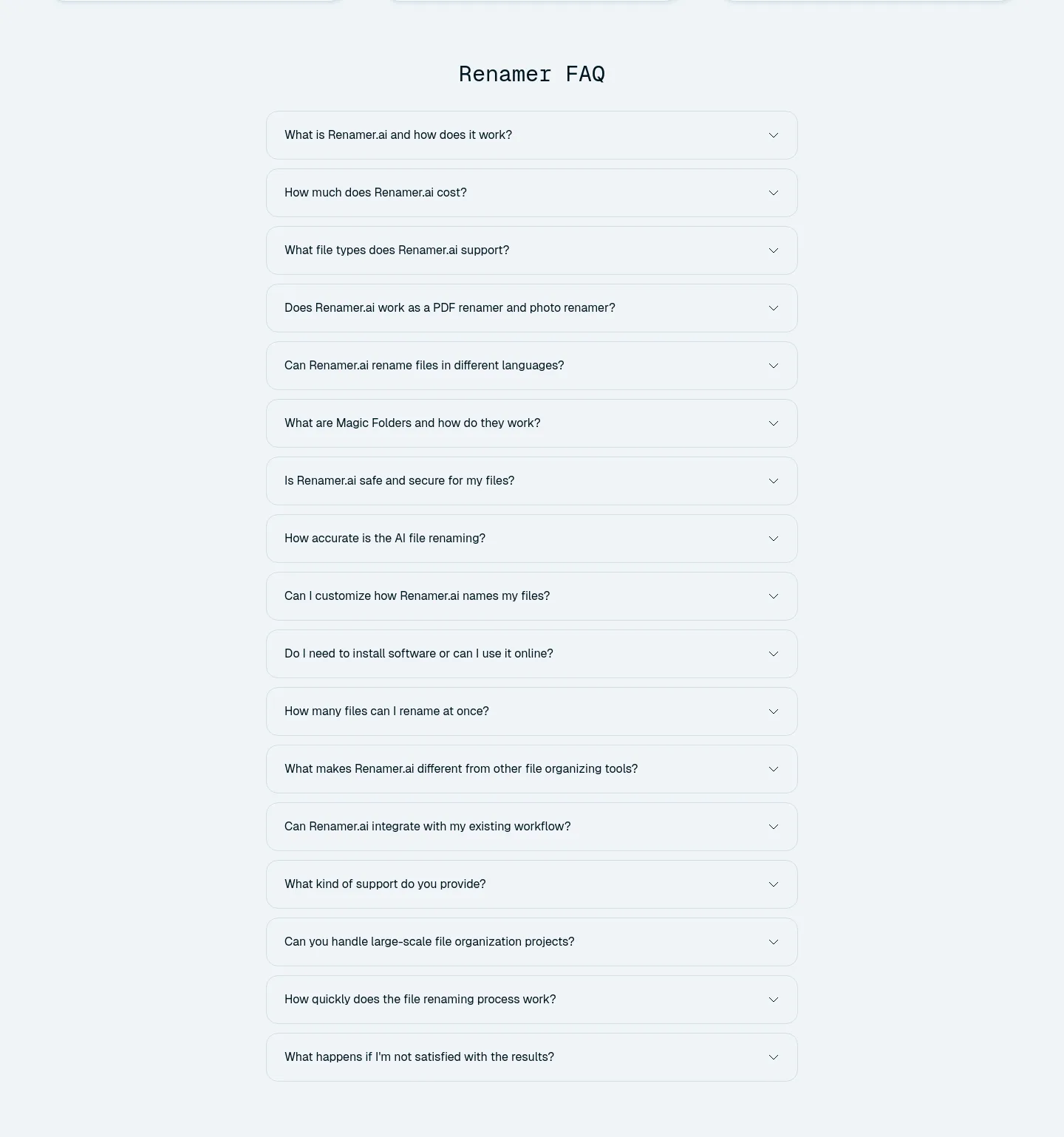 renamer.ai — a real FAQ section