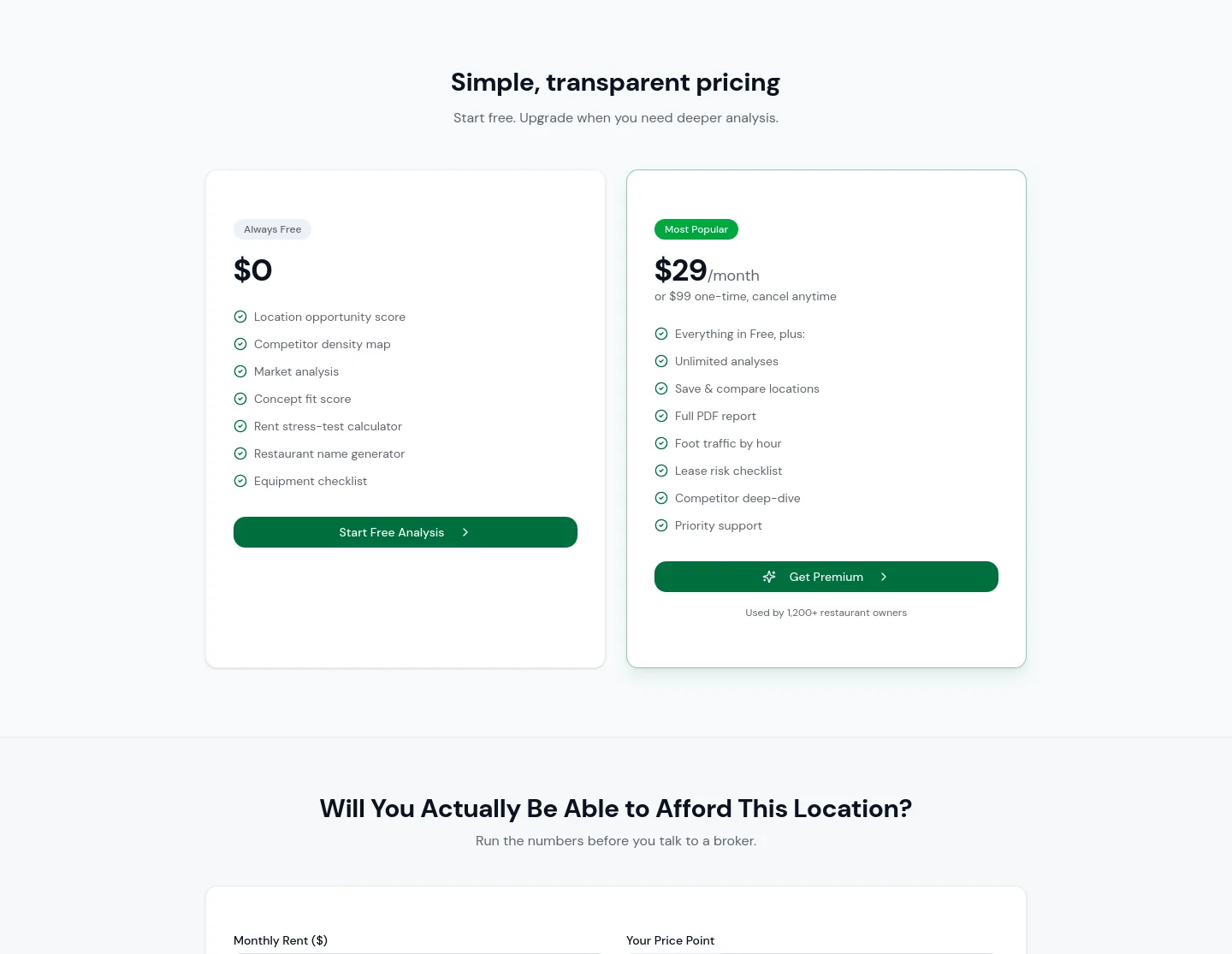 restaurantsitefinder.com Pricing section