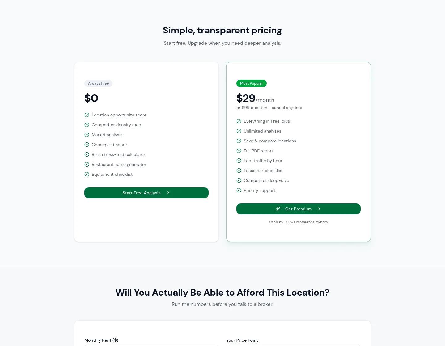 restaurantsitefinder.com — Pricing