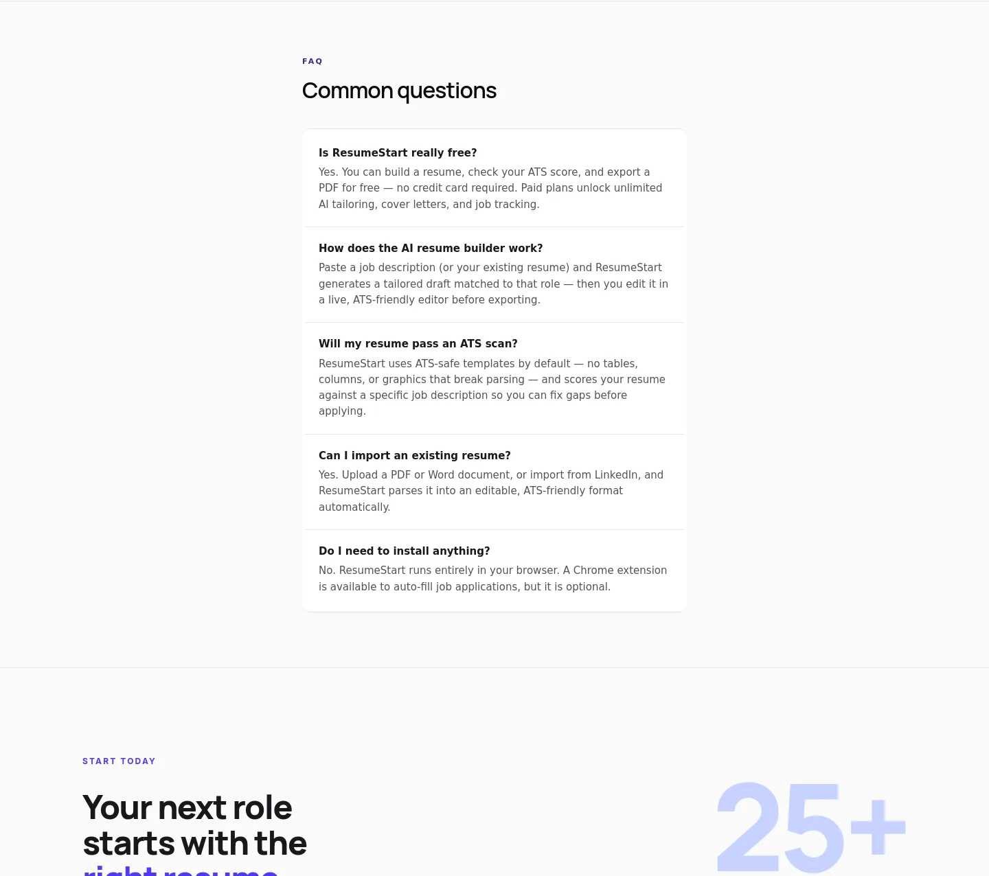 resumestart.ai FAQ section