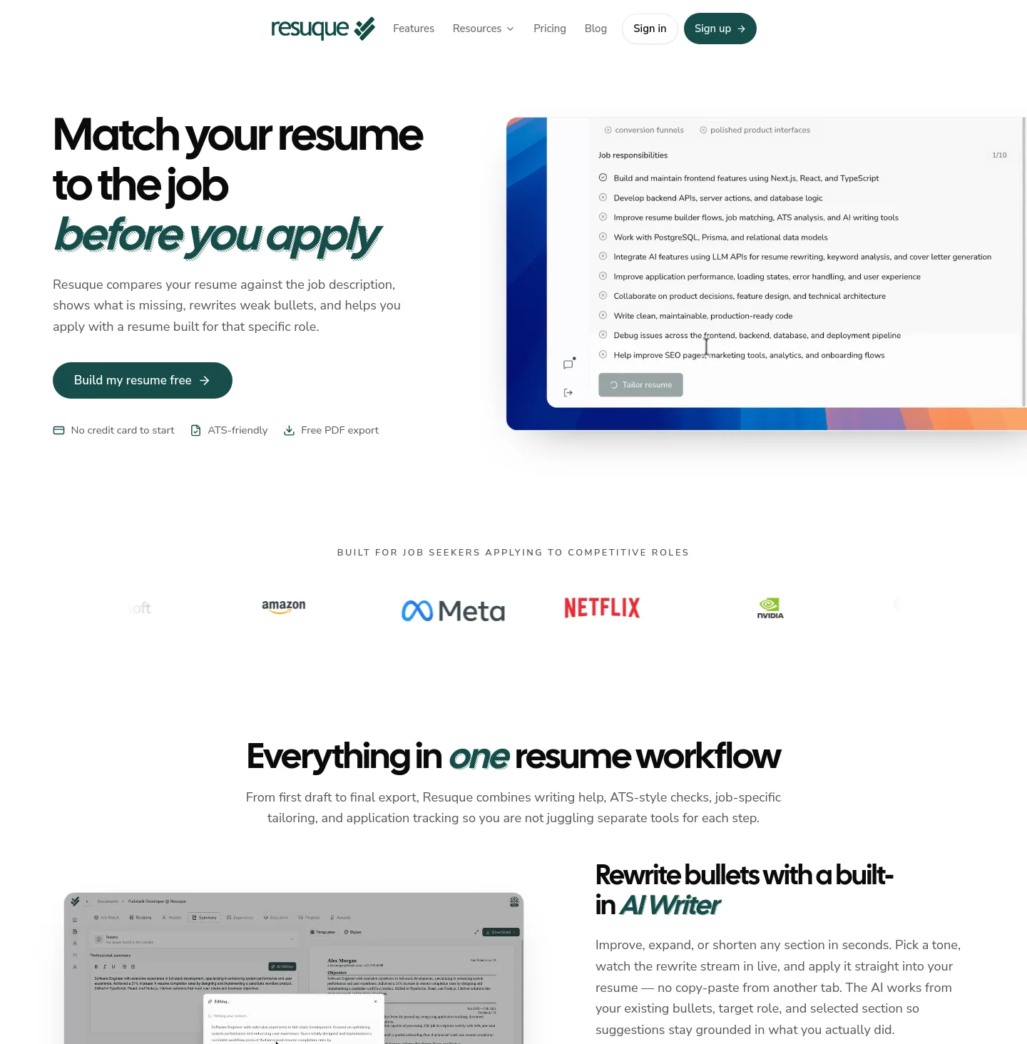 resuque.com — a measured funnel