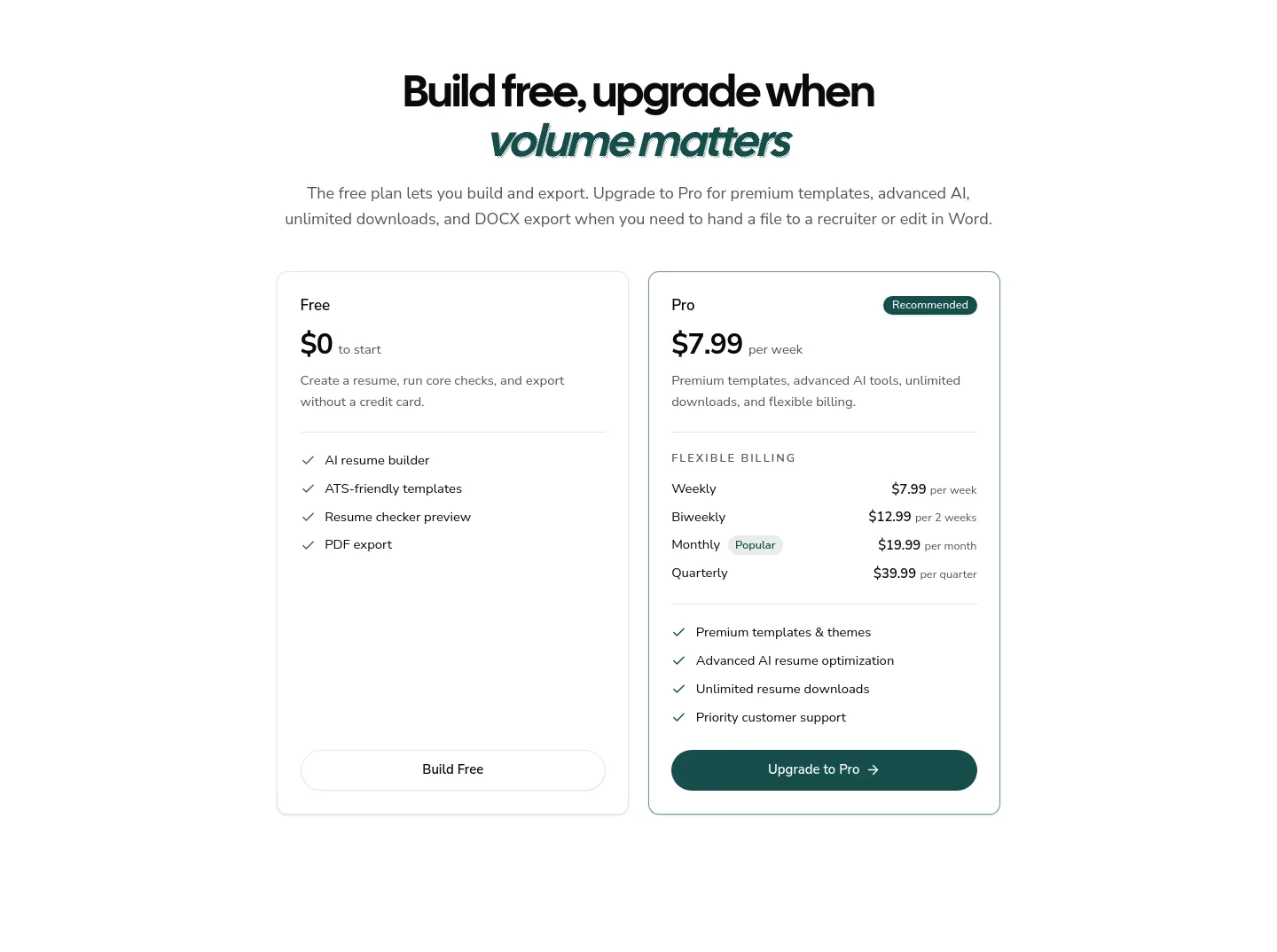 resuque.com Pricing section