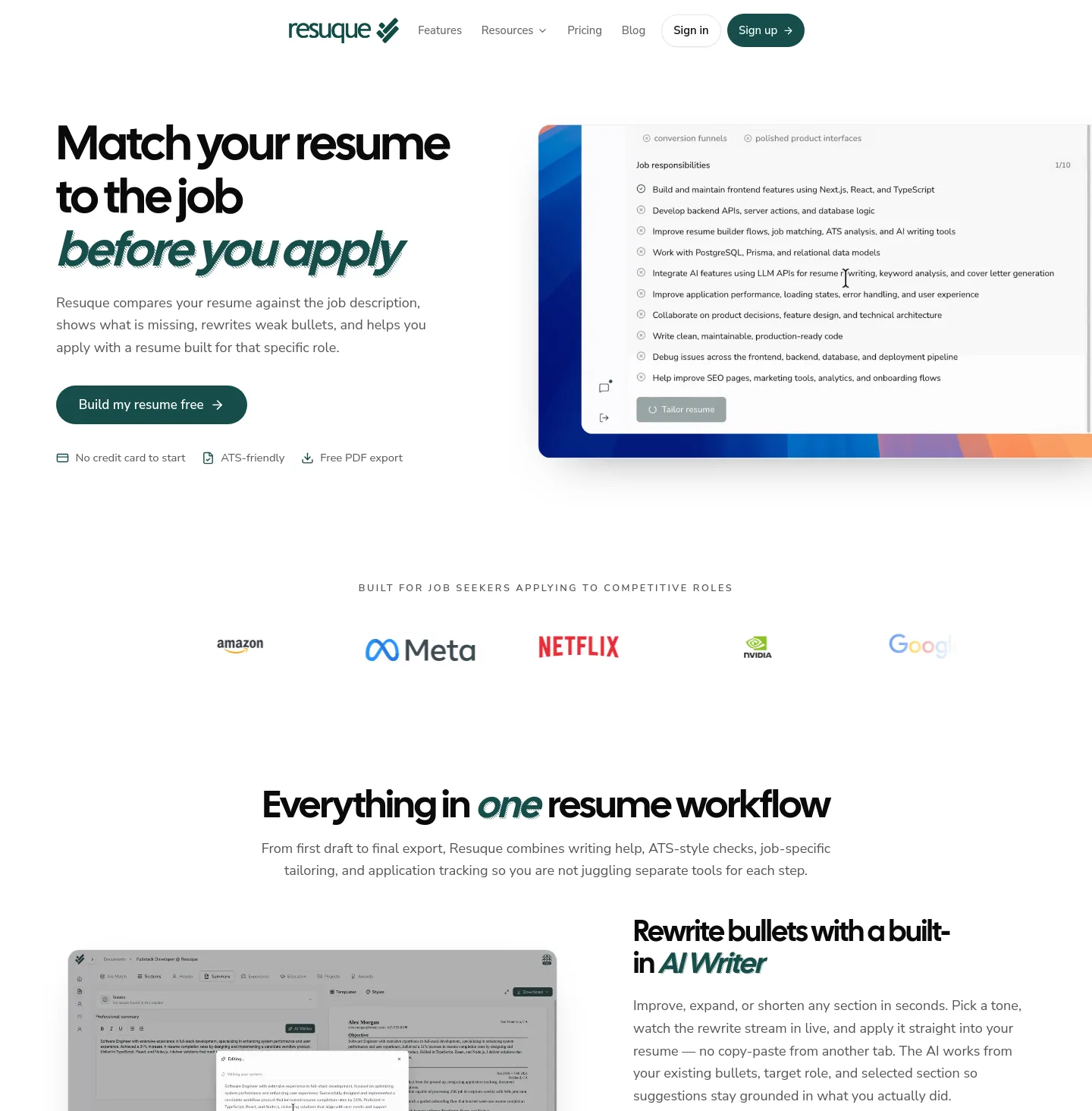 resuque.com — Hero + Logo Wall + Pricing + FAQ