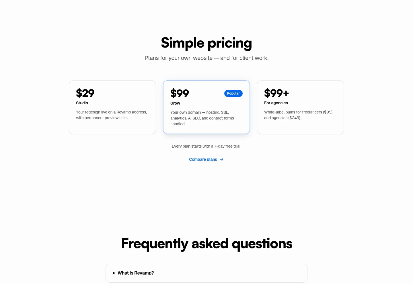 revamp.dev Pricing section