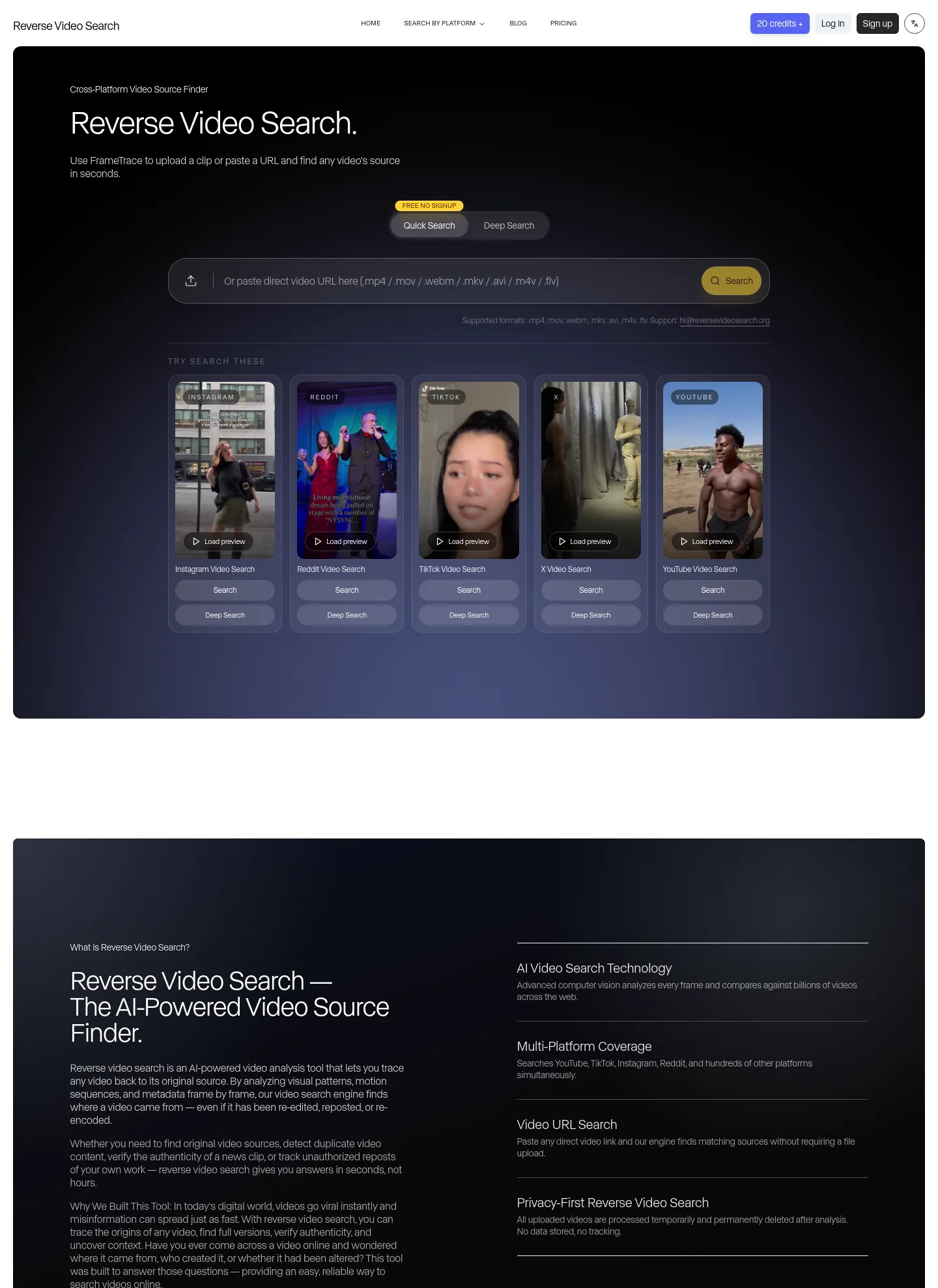 reversevideosearch.org — a measured funnel