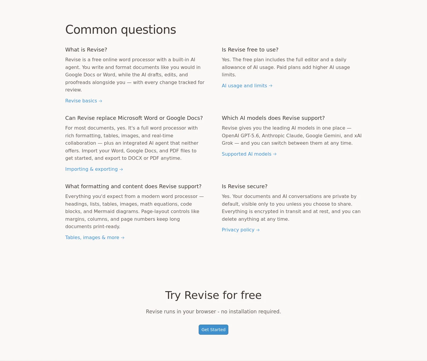 revise.io — a real FAQ section