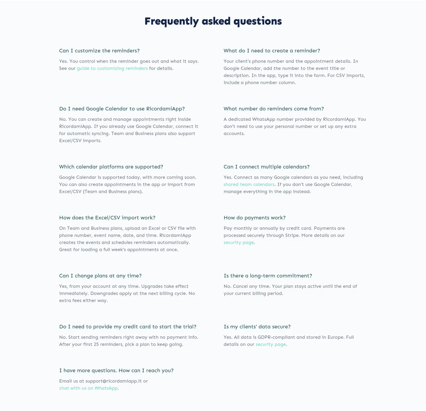 ricordamiapp.com FAQ section