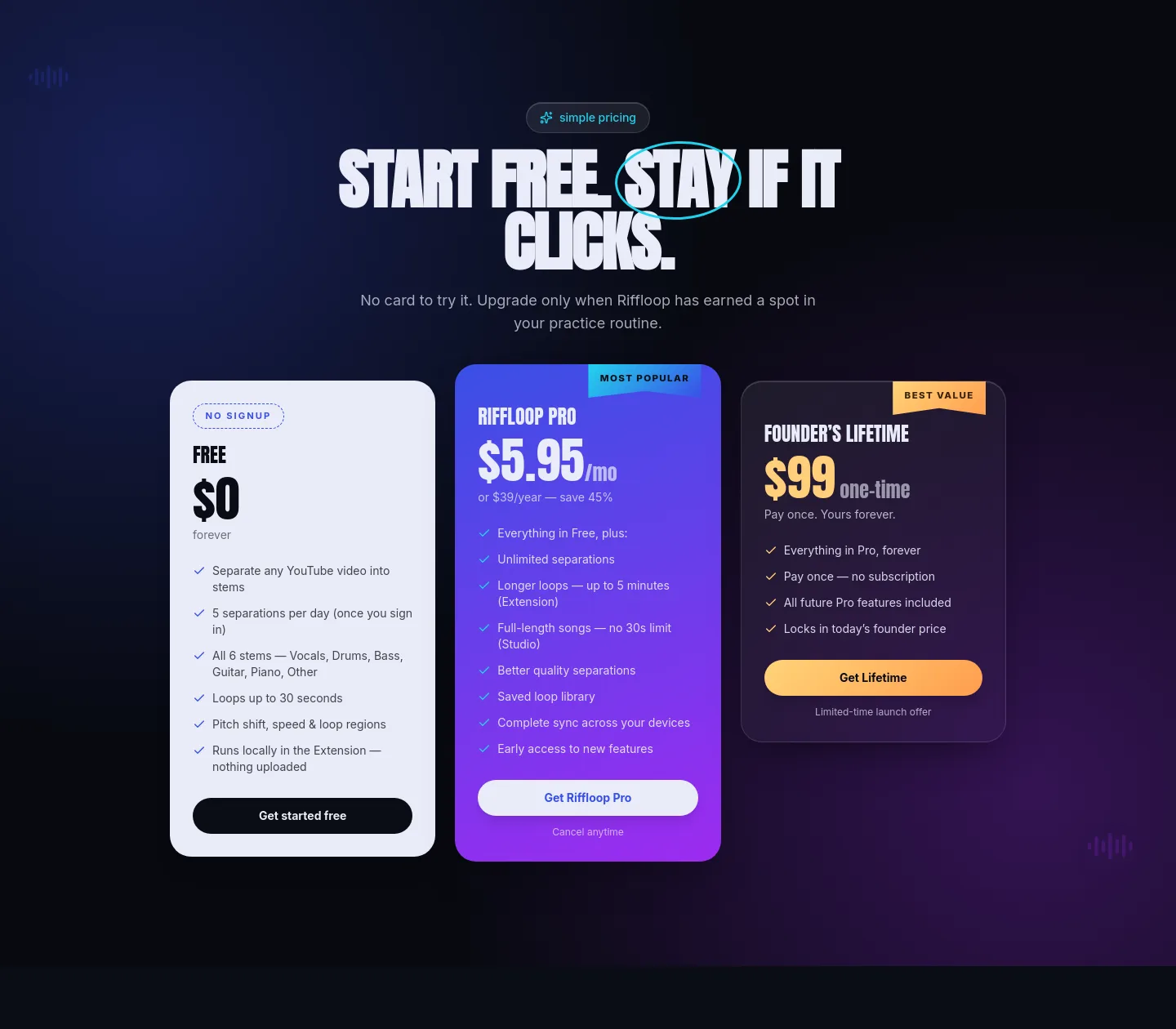 riffloop.app — a real Pricing section