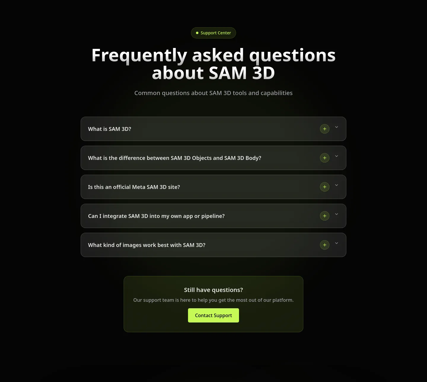 sam-3d.com — a real FAQ section