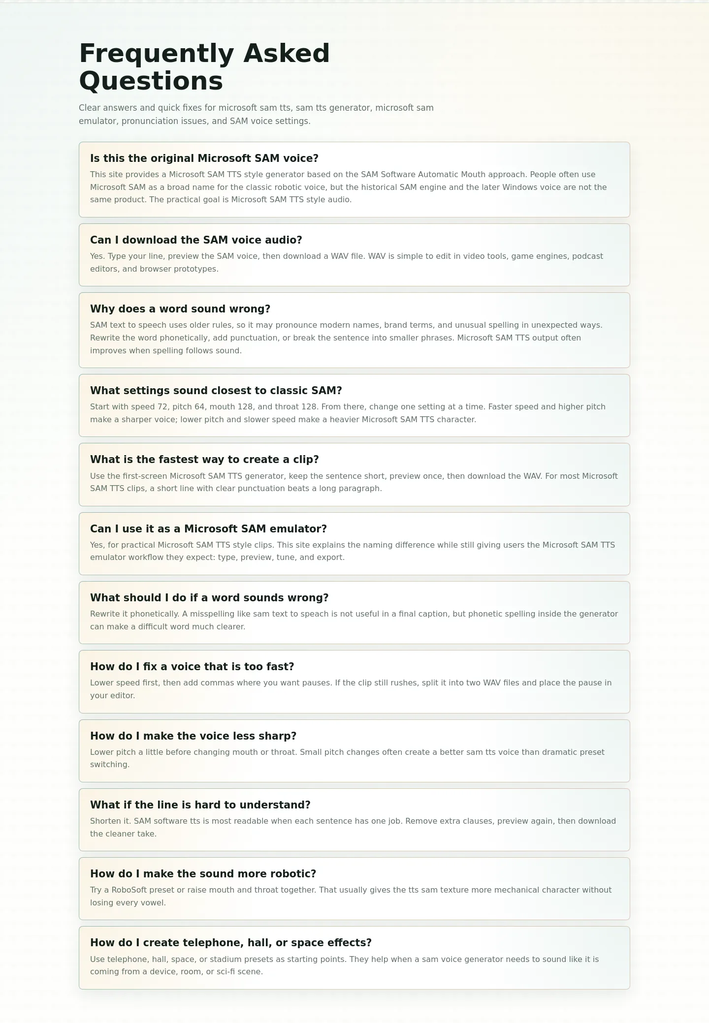 sam-tts.com — a real FAQ section
