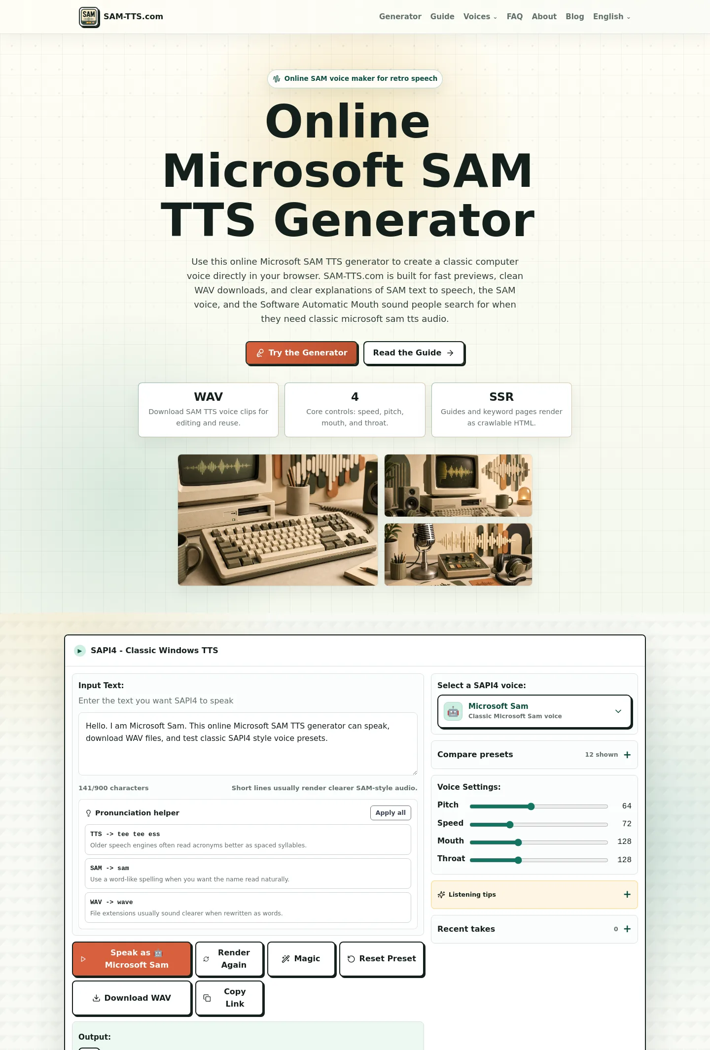 sam-tts.com — Hero + Comparison + FAQ