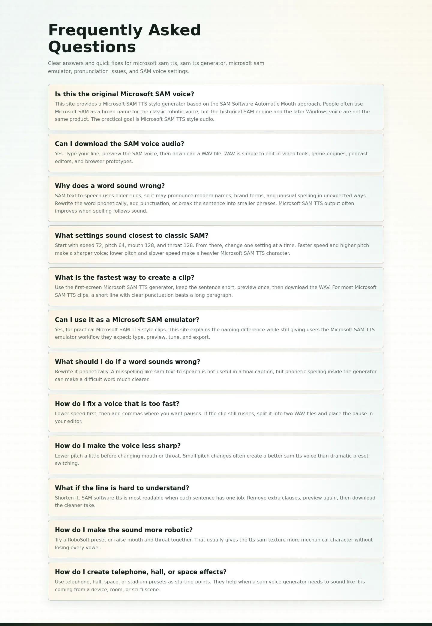sam-tts.com FAQ section