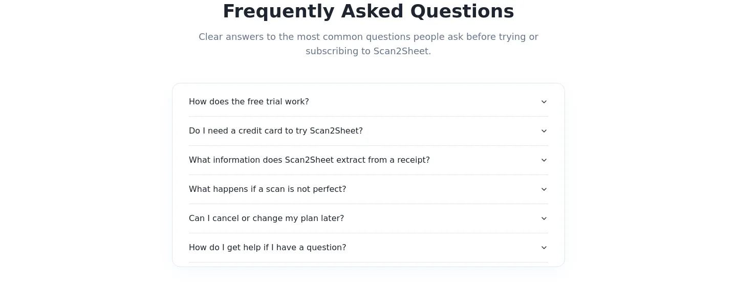 scan2sheet.com FAQ section
