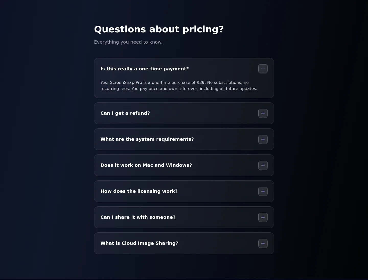 screensnap.pro — a real FAQ section