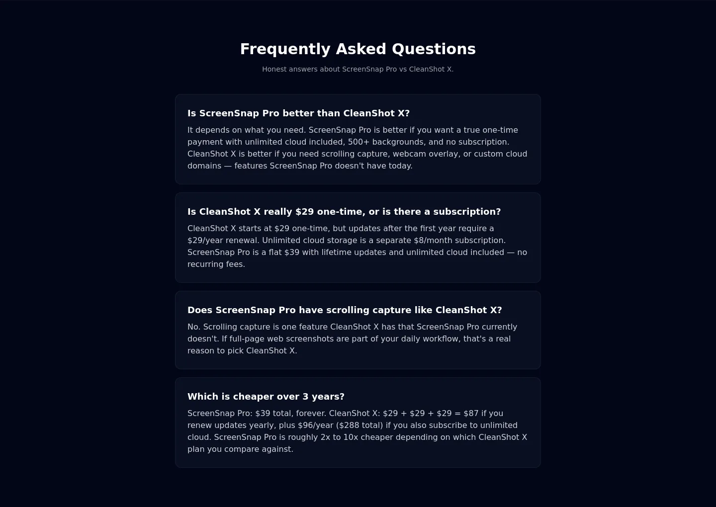 screensnap.pro — a real FAQ section