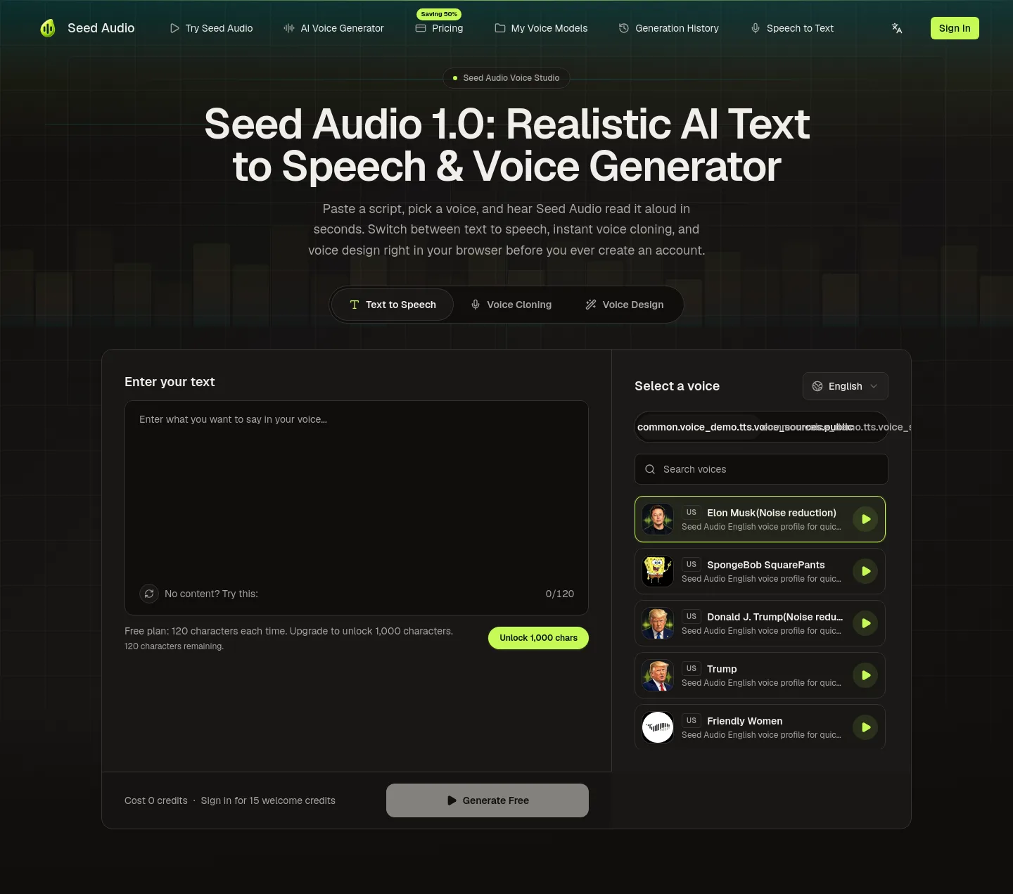 seed-audio.com Hero section