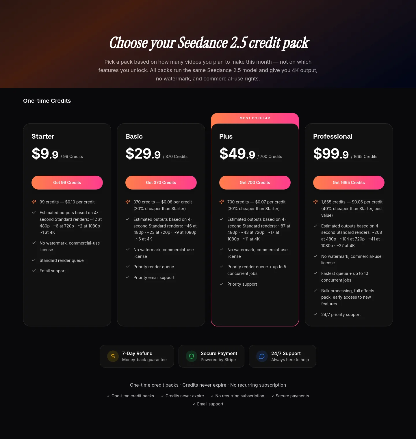seedance25.tools Pricing section