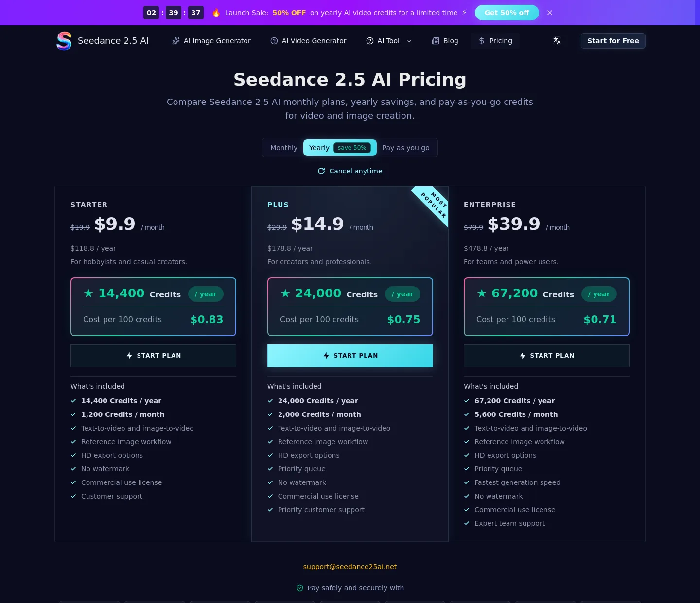 seedance25ai.net — a real Pricing section