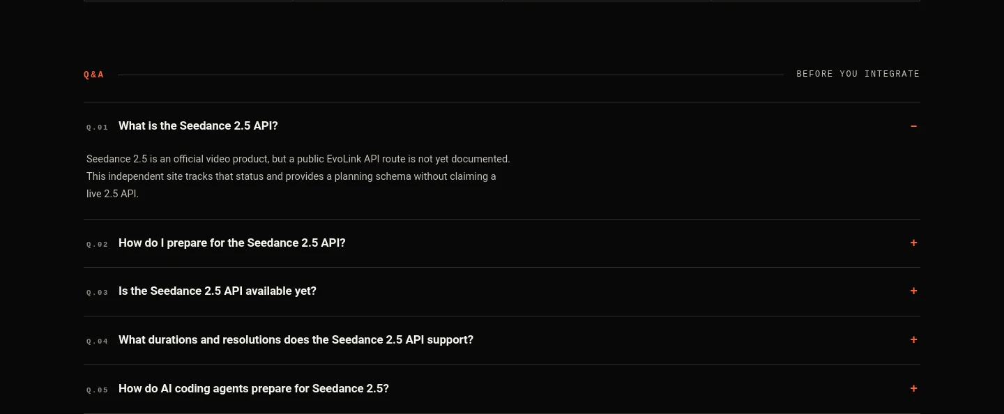 seedance25api.io — a real FAQ section