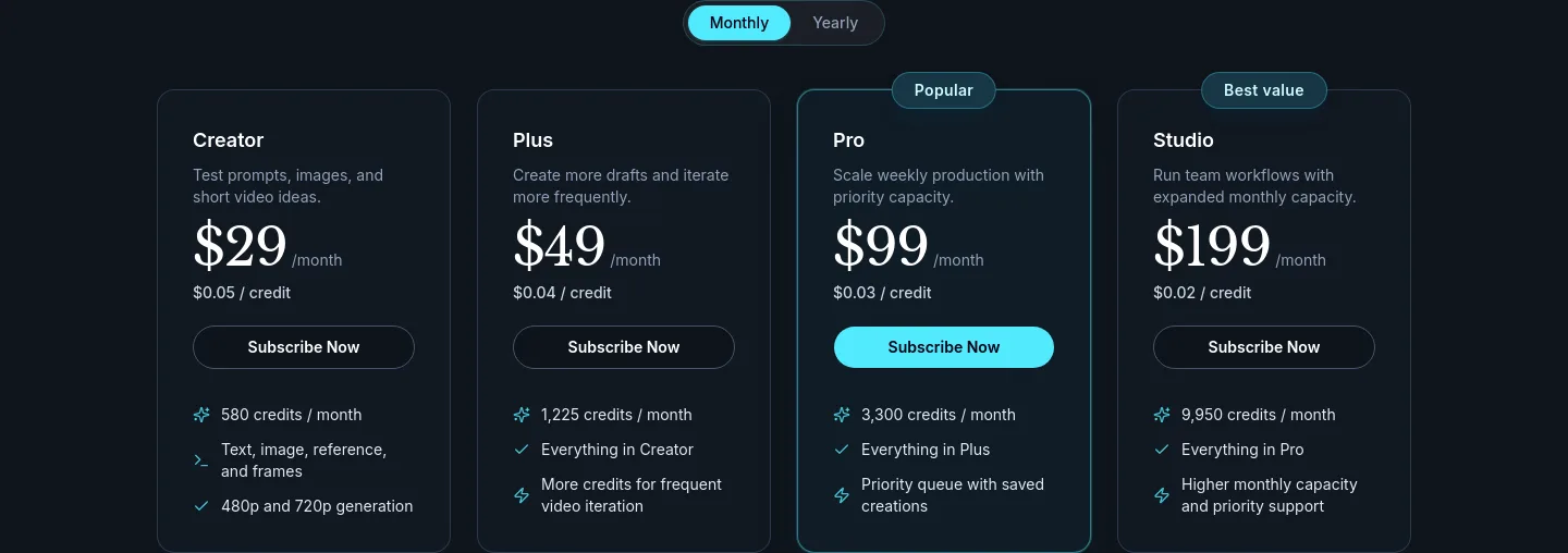 seedance25app.com Pricing section