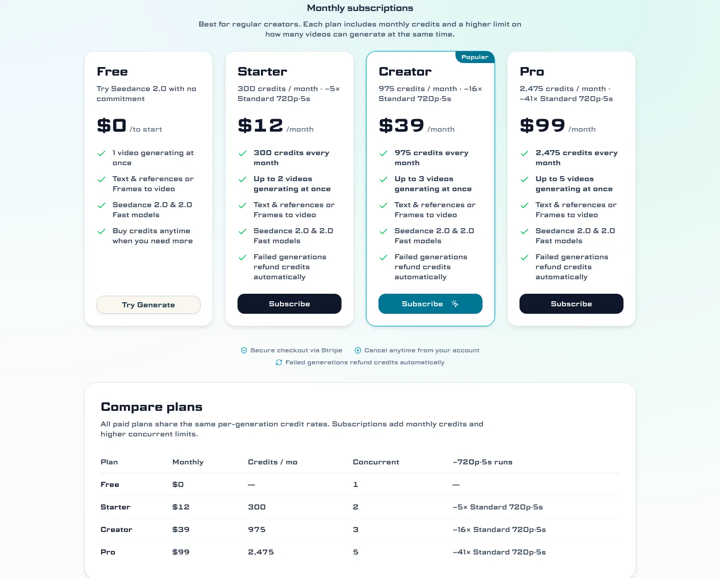 seedance2prompt.com Pricing section