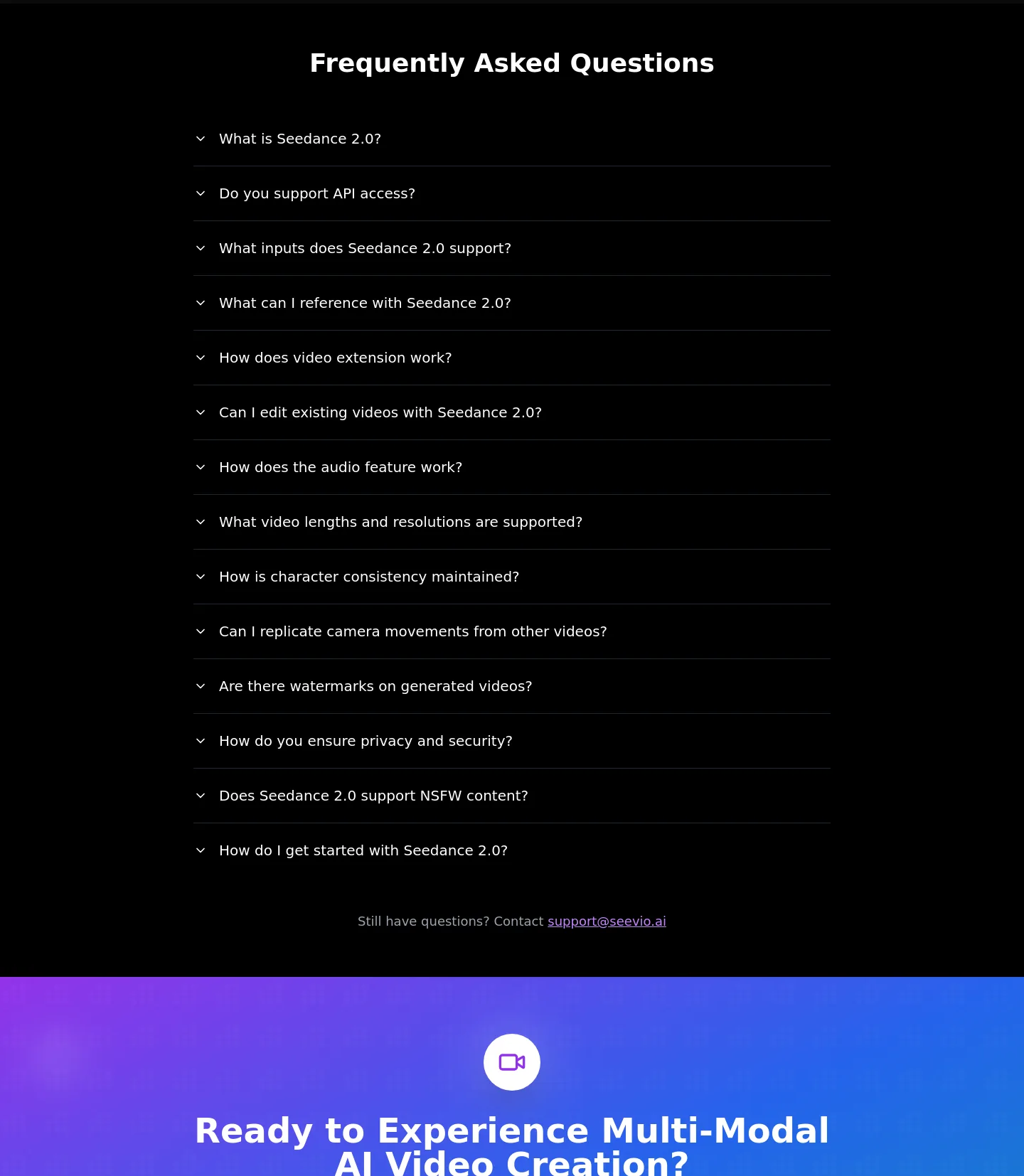 seevio.ai — a real FAQ section
