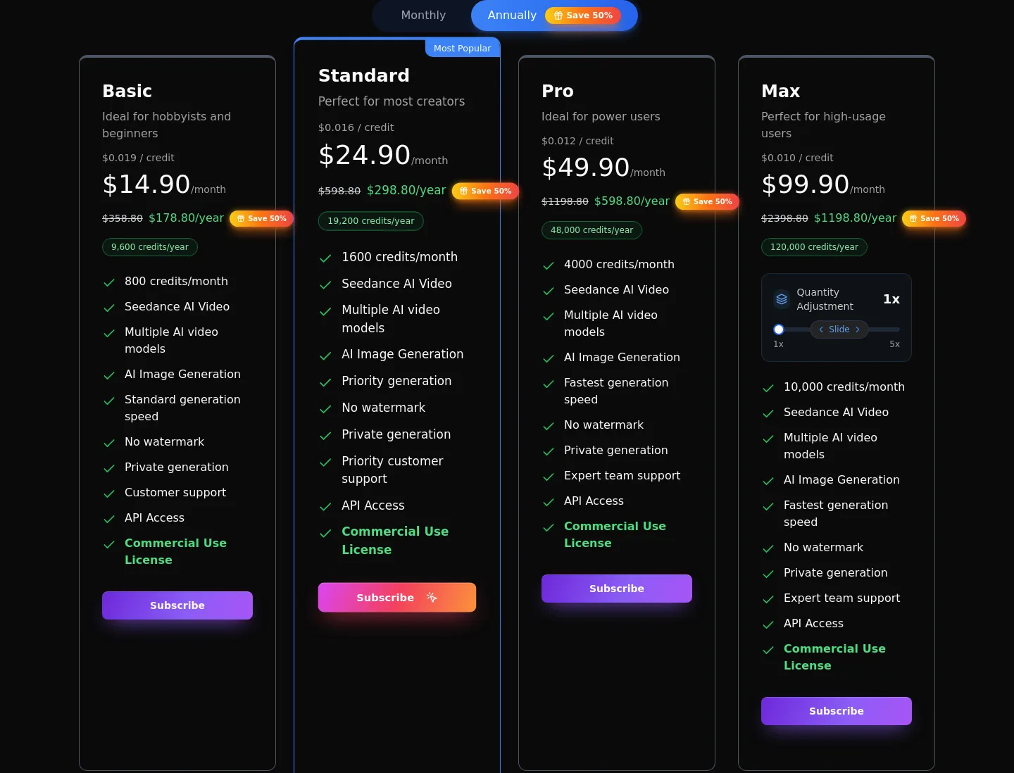 seevio.ai — a real Pricing section