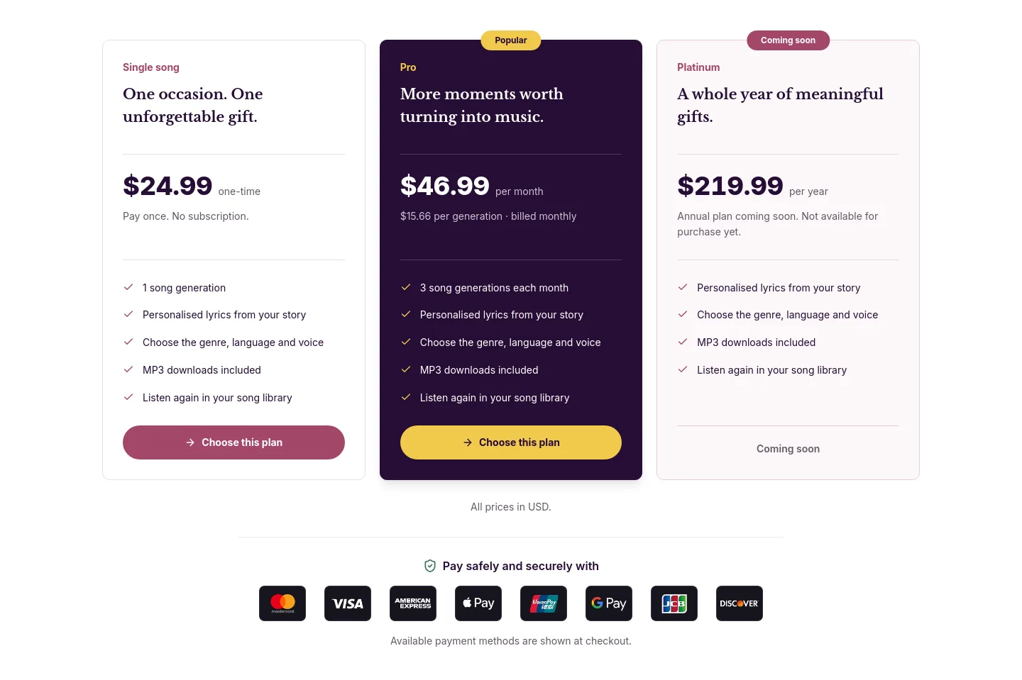 sendsong.org — Pricing