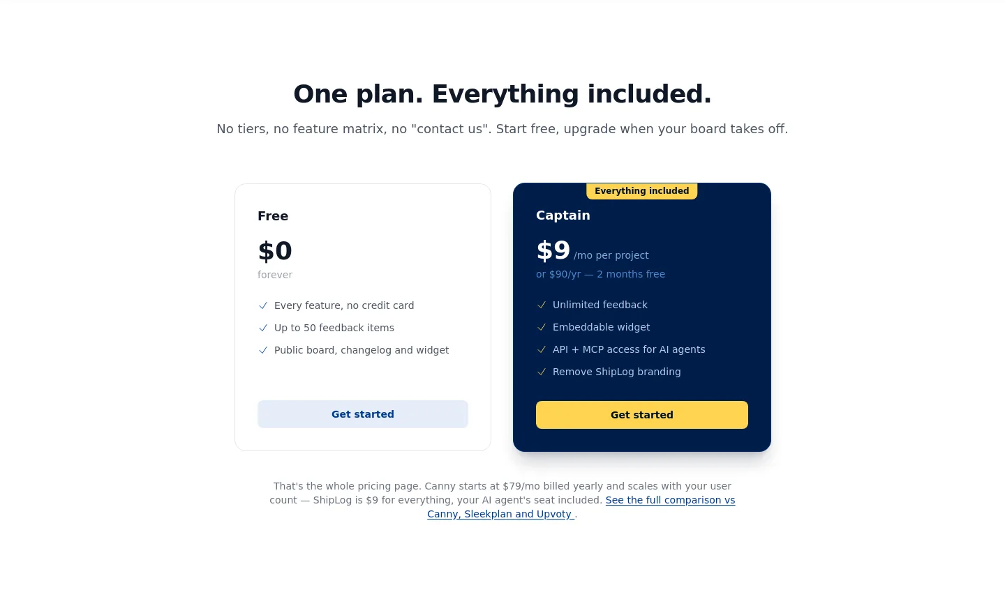 shiplog.ca — a real Pricing section