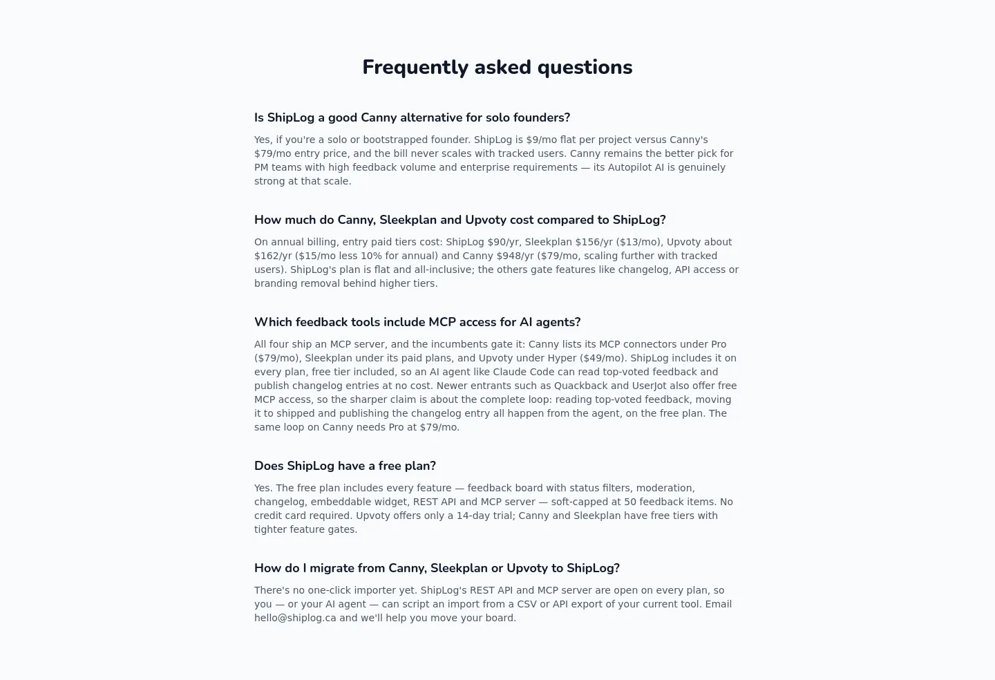 shiplog.ca FAQ section