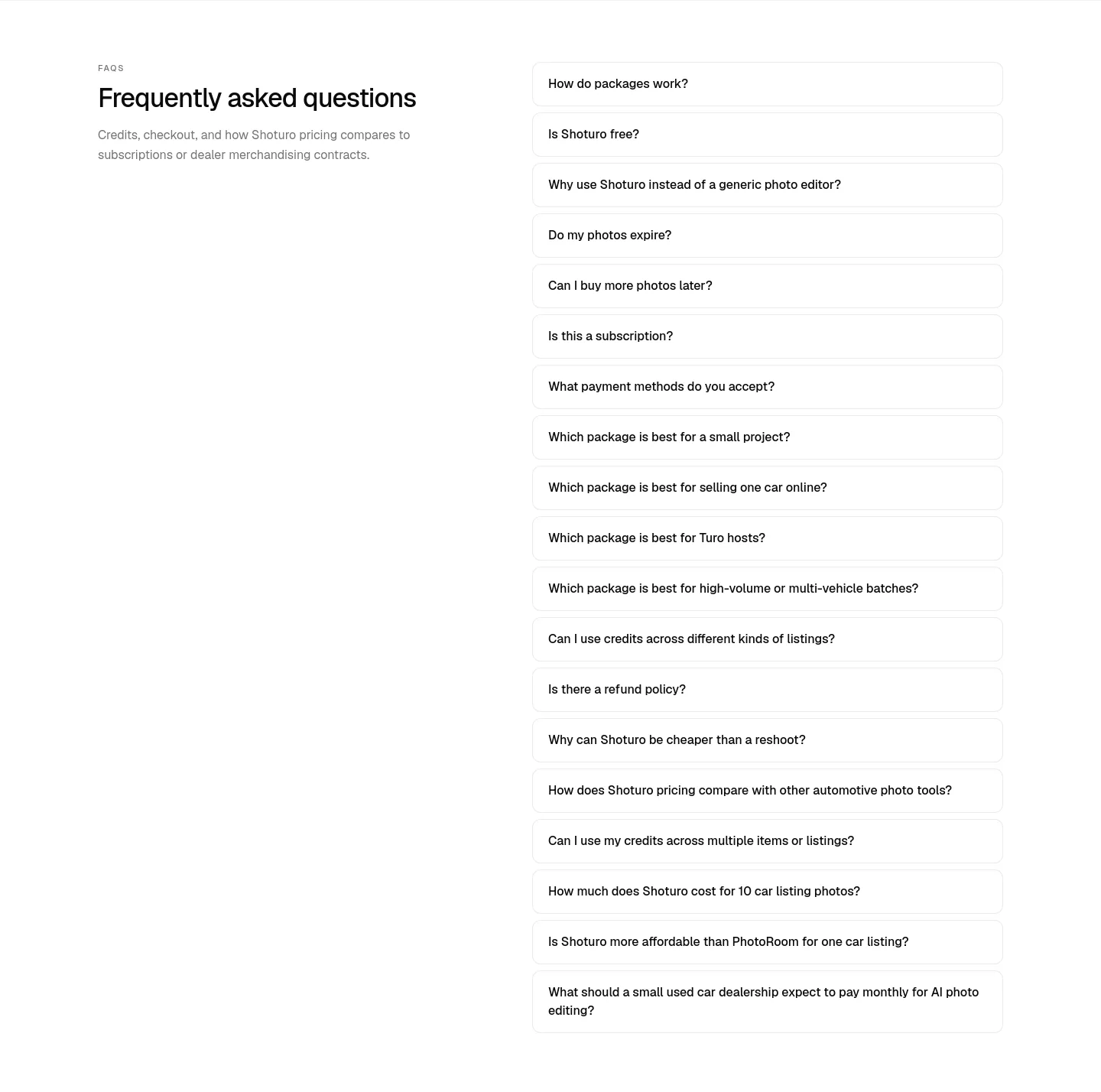 shoturo.com FAQ section