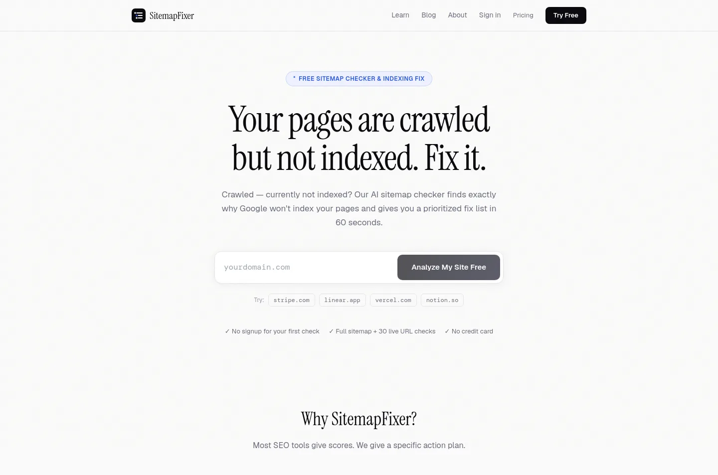 sitemapfixer.com — a measured funnel