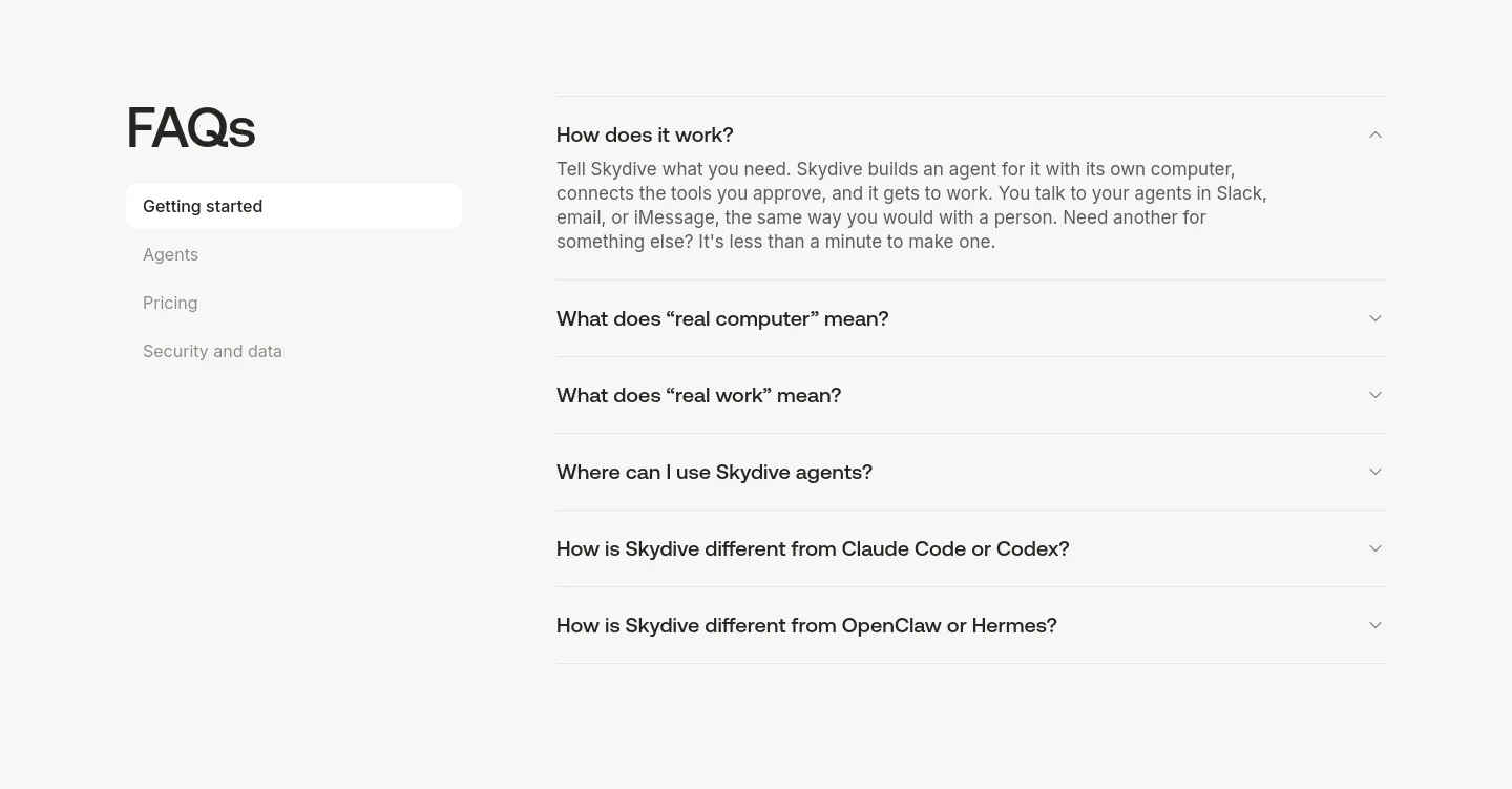 skydive.com — a real FAQ section