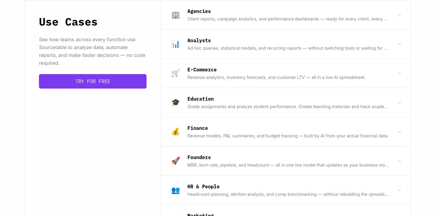 sourcetable.com Hero section