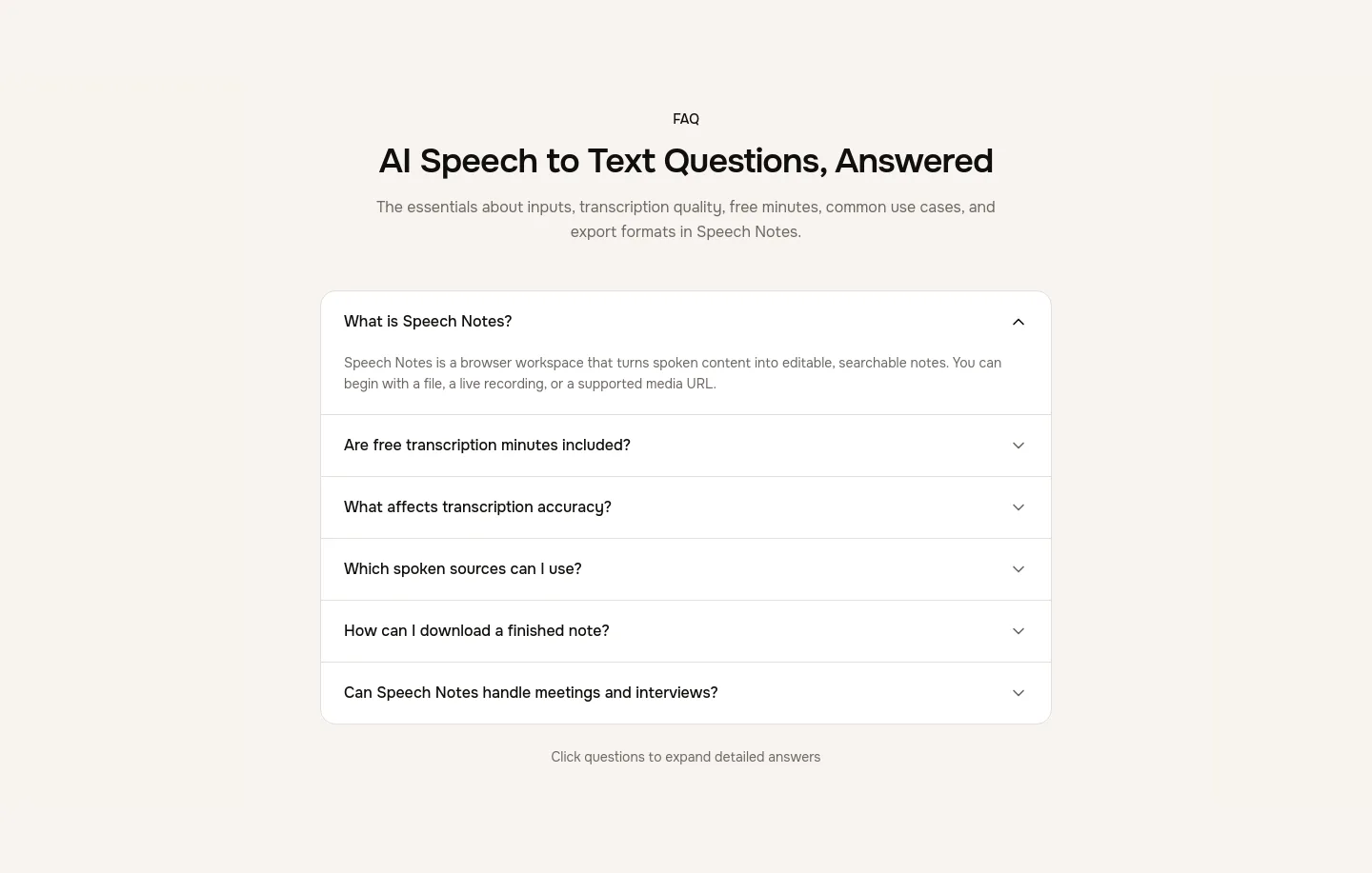 speechnotes.org — a real FAQ section